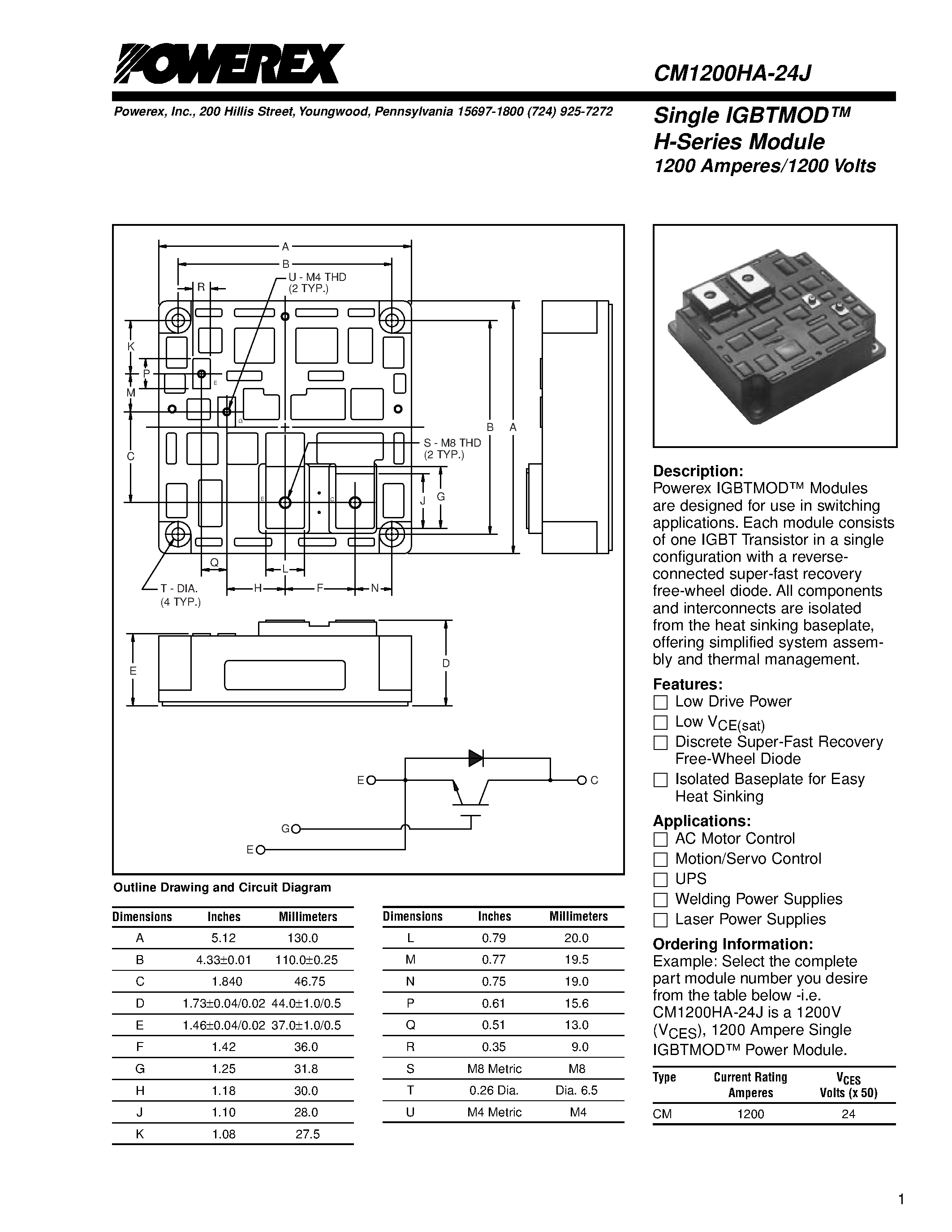 Даташит CM1200HA-24J - Single IGBTMOD H-Series Module 1200 Amperes/1200 Volts страница 1