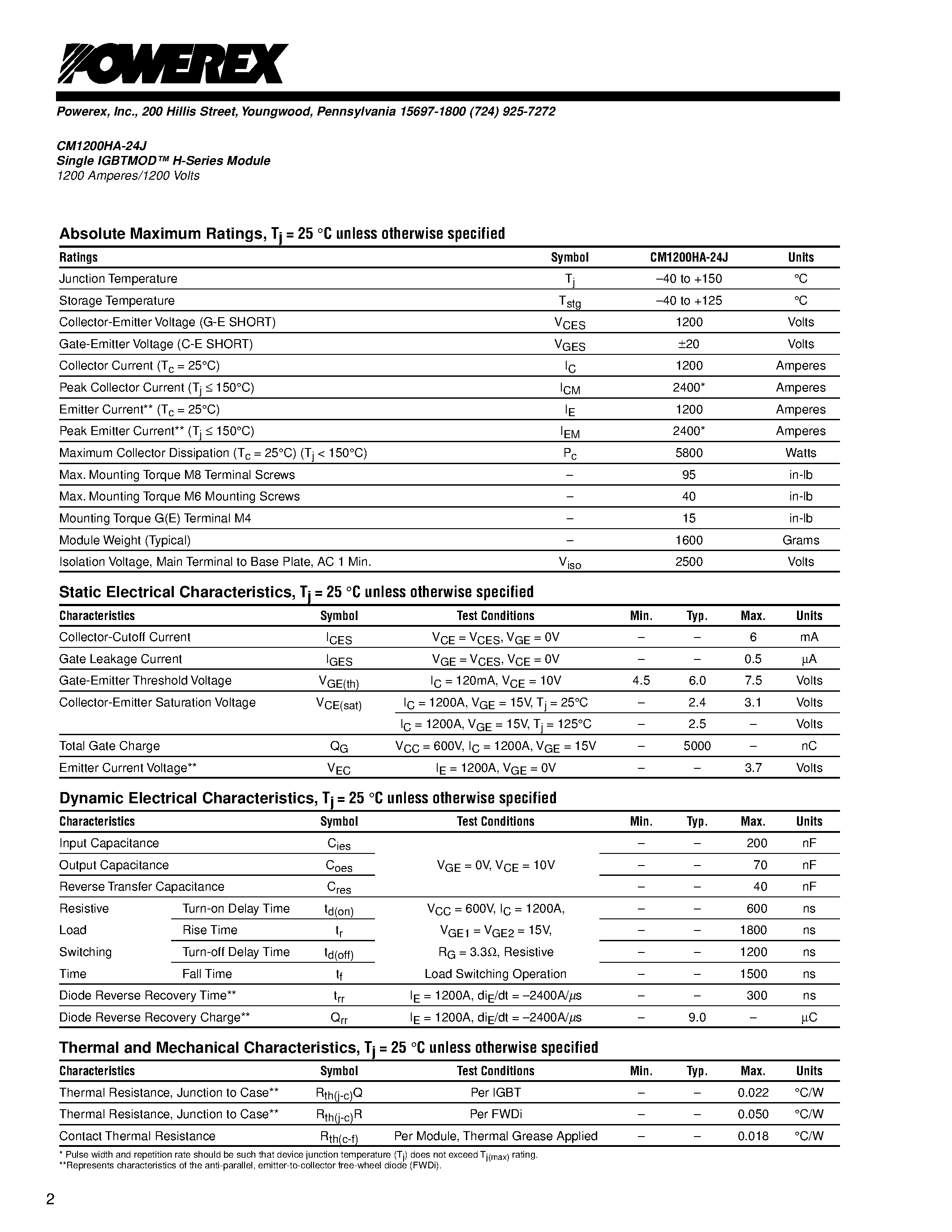 Даташит CM1200HA-24J - Single IGBTMOD H-Series Module 1200 Amperes/1200 Volts страница 2