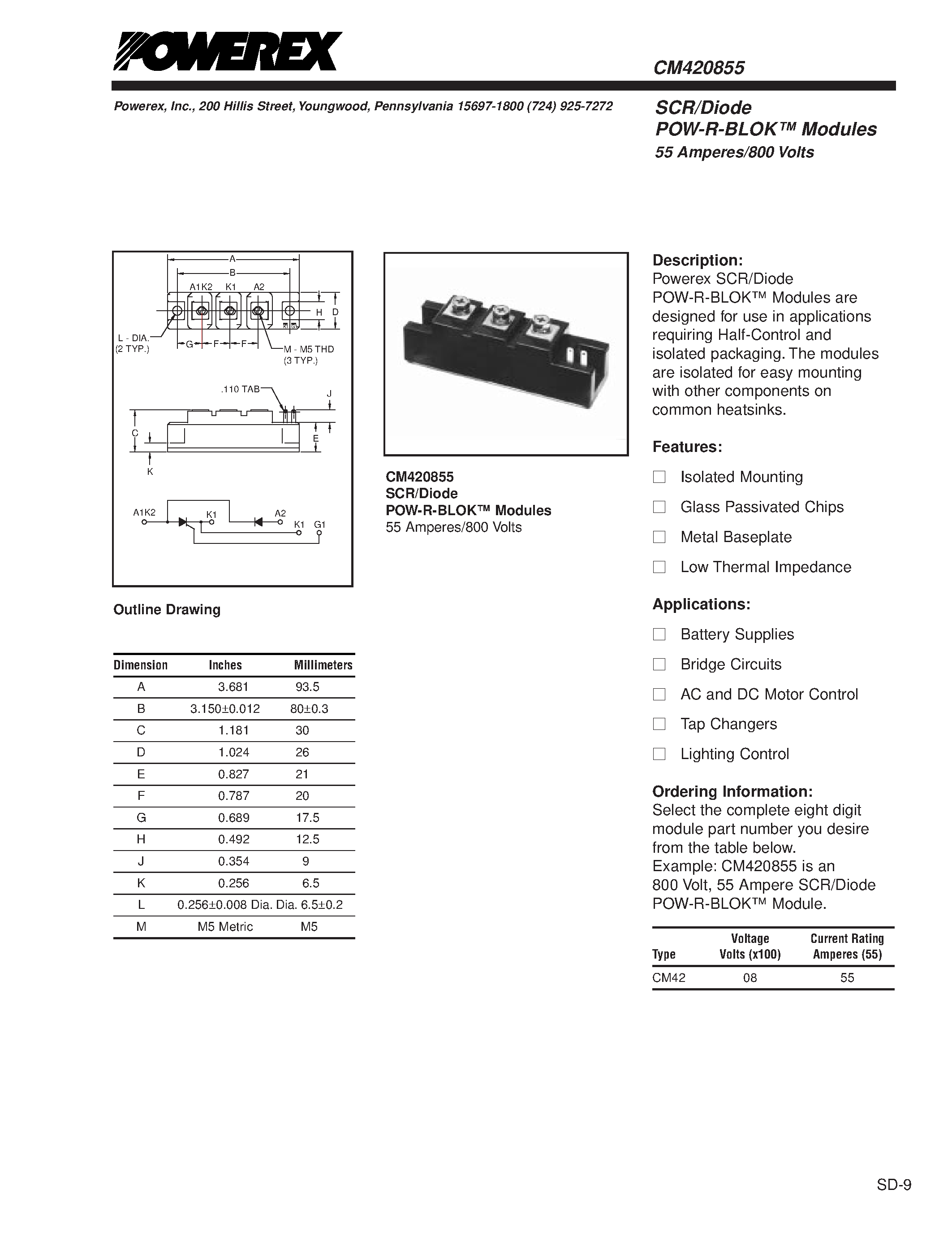 Даташит CM420855 - SCR/Diode POW-R-BLOK Modules 55 Amperes/800 Volts страница 1