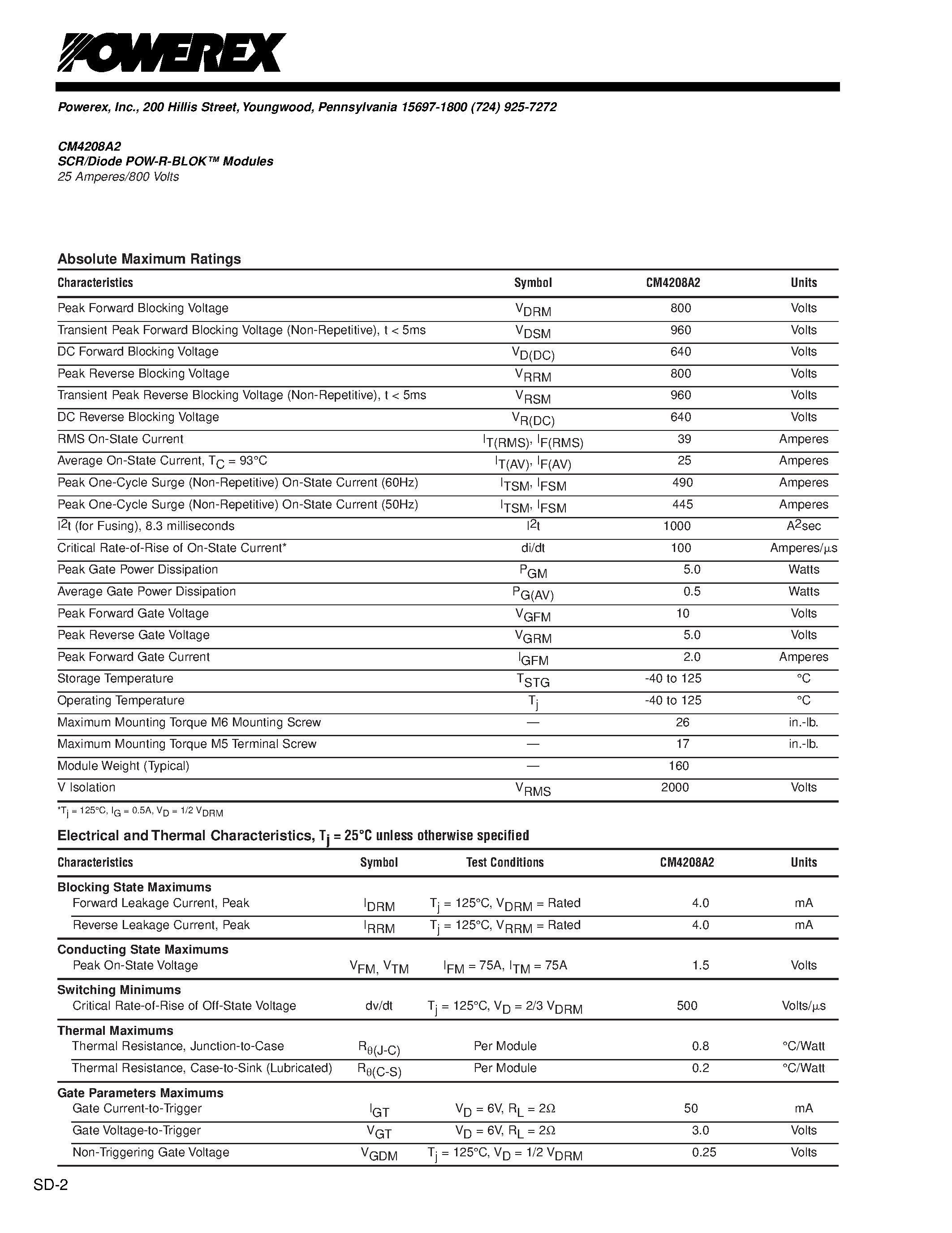 Даташит CM4208A2 - SCR/Diode POW-R-BLOK Modules 25 Amperes/800 Volts страница 2