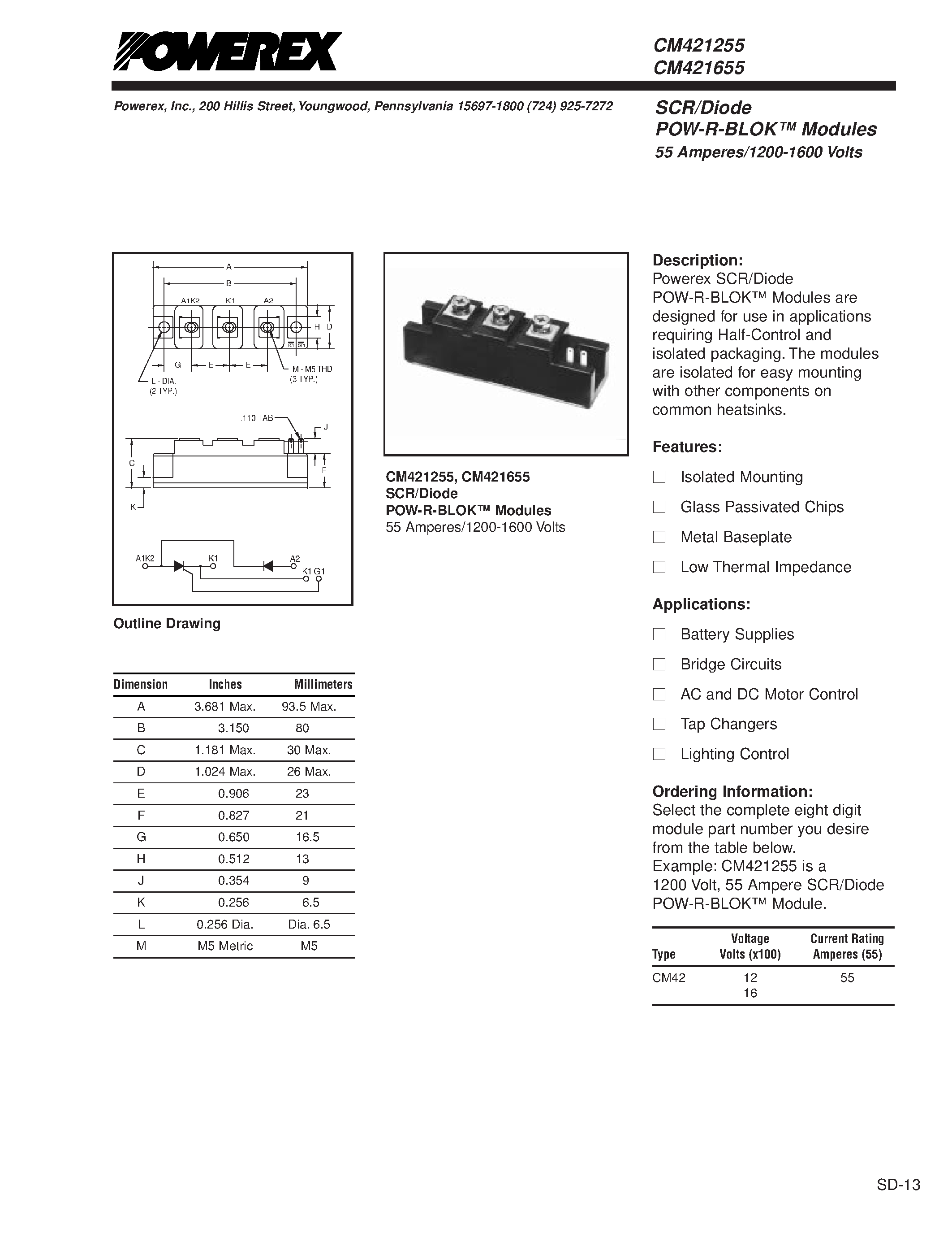 Даташит CM421255 - SCR/Diode POW-R-BLOK Modules 55 Amperes/1200-1600 Volts страница 1