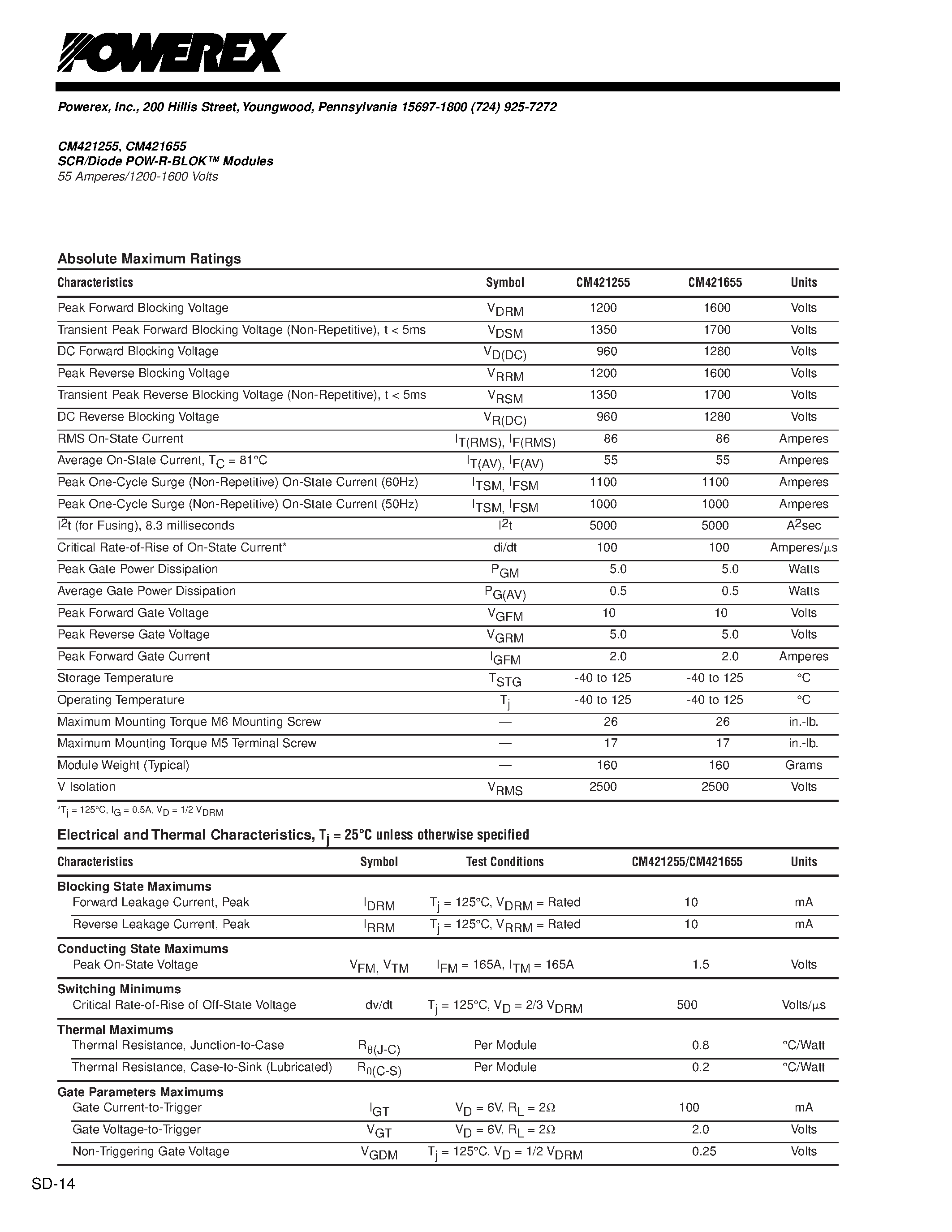 Даташит CM421255 - SCR/Diode POW-R-BLOK Modules 55 Amperes/1200-1600 Volts страница 2