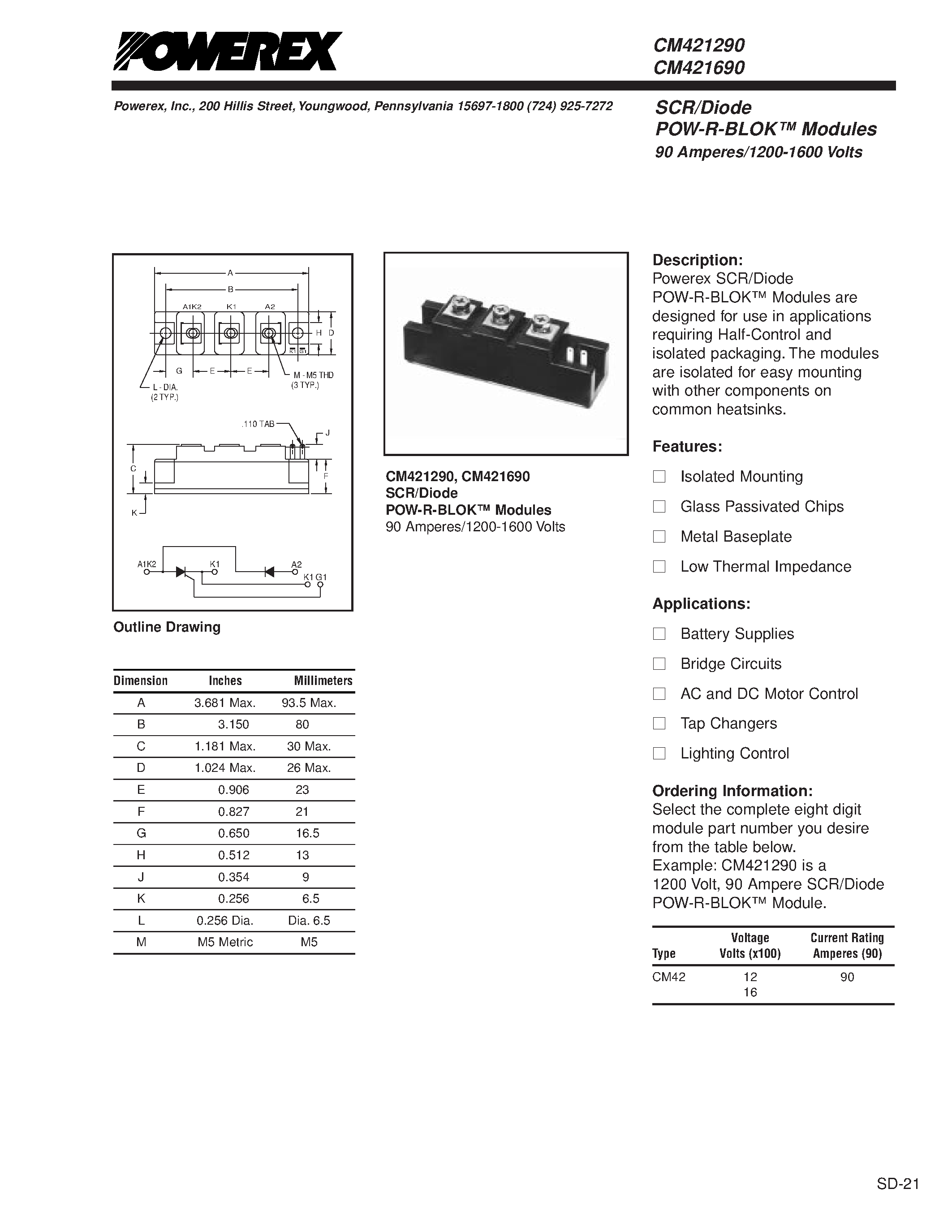 Даташит CM421290 - SCR/Diode POW-R-BLOK Modules 90 Amperes/1200-1600 Volts страница 1