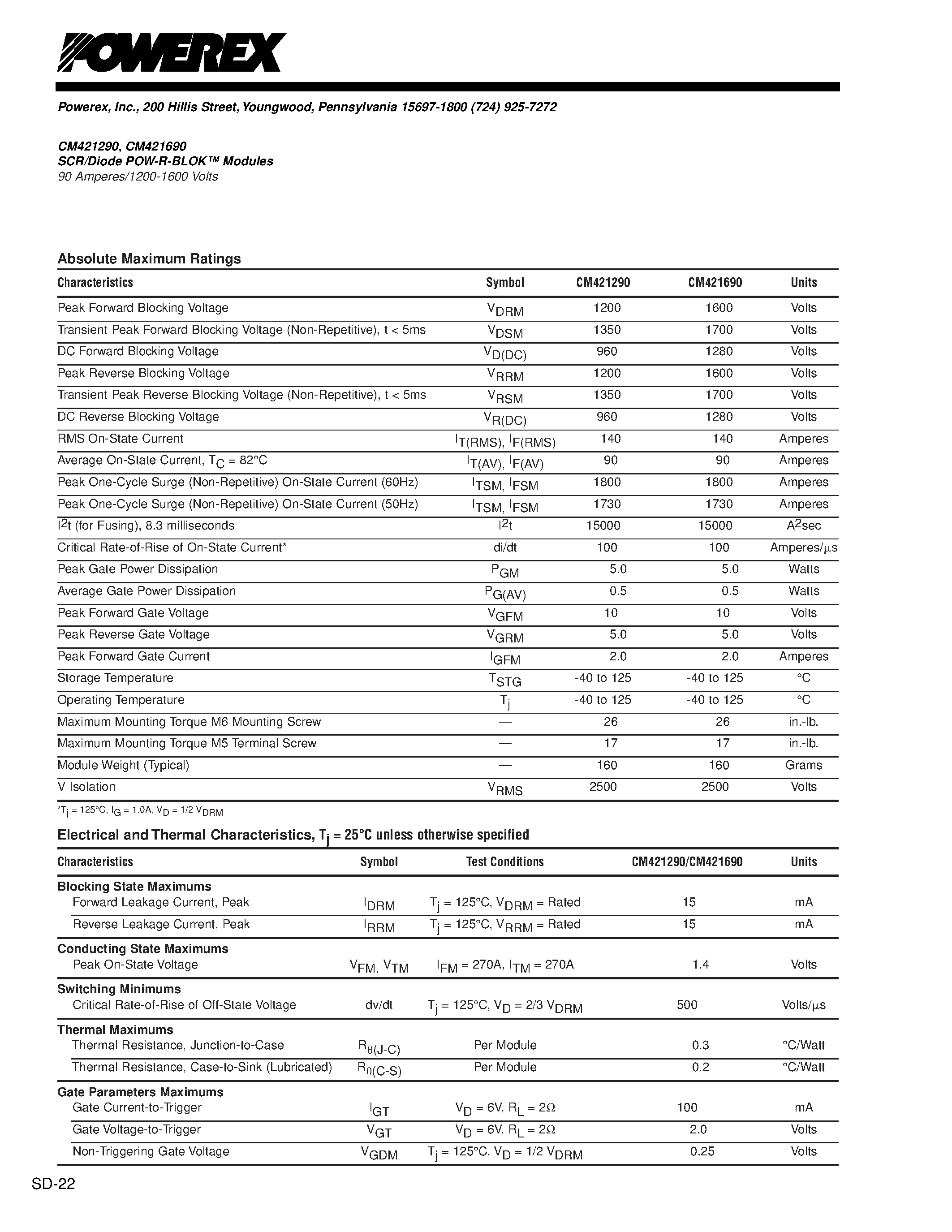 Даташит CM421690 - SCR/Diode POW-R-BLOK Modules 90 Amperes/1200-1600 Volts страница 2