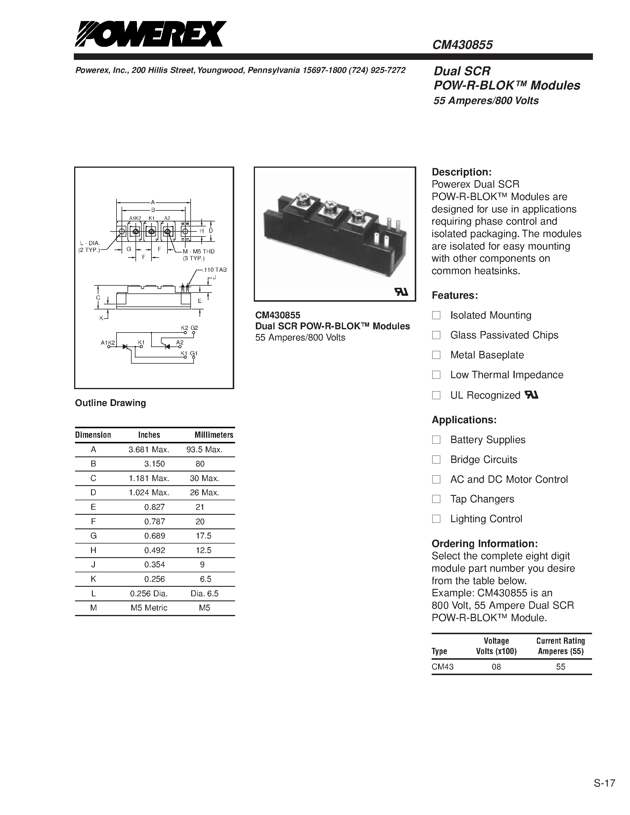 Даташит CM430855 - Dual SCR POW-R-BLOK Modules 55 Amperes/800 Volts страница 1