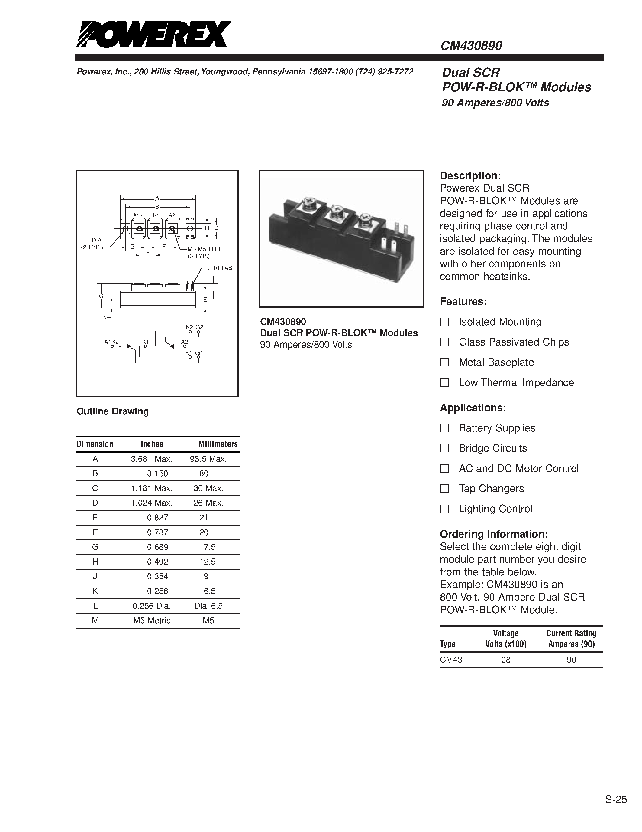 Даташит CM430890 - Dual SCR POW-R-BLOK Modules 90 Amperes/800 Volts страница 1