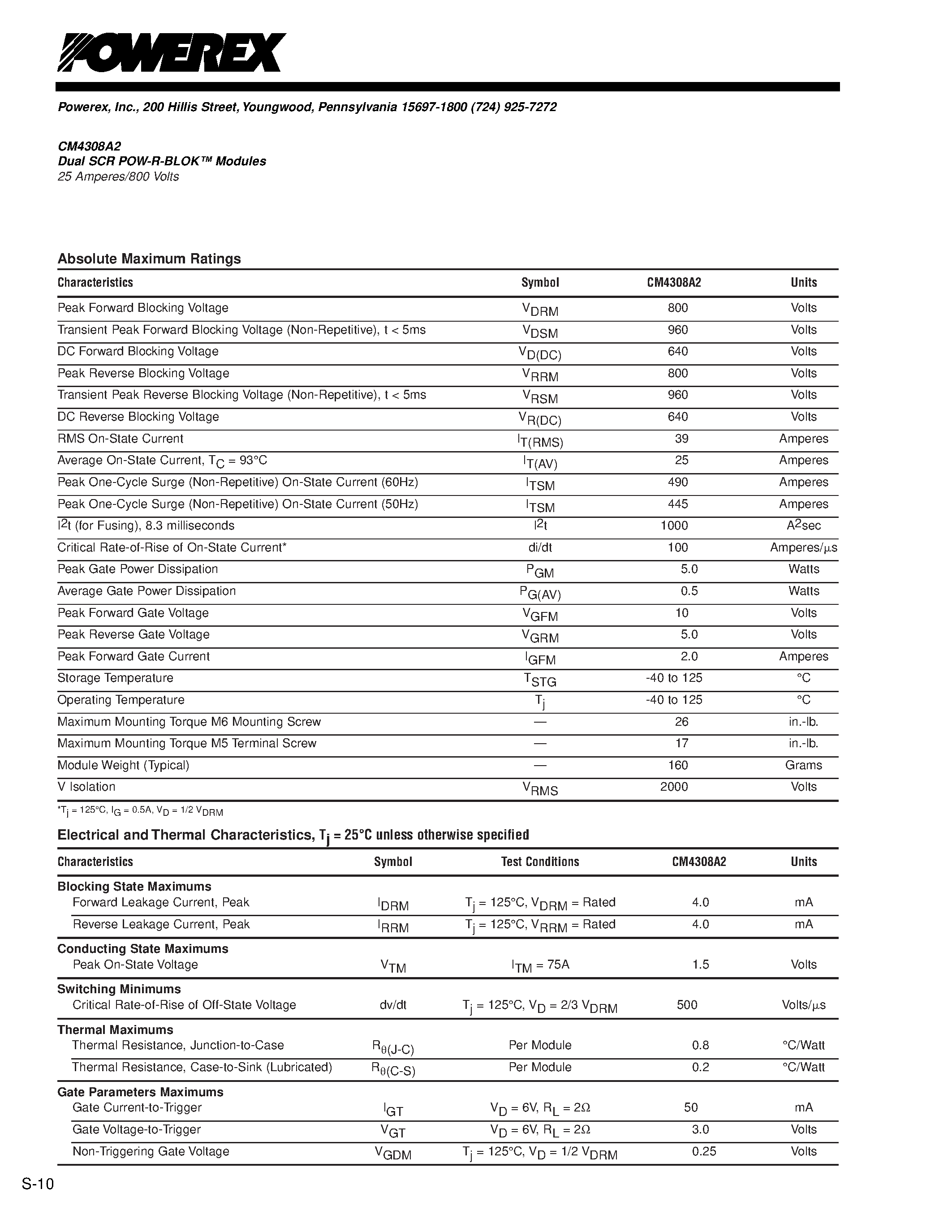 Даташит CM4308A2 - Dual SCR POW-R-BLOK Modules 25 Amperes/800 Volts страница 2