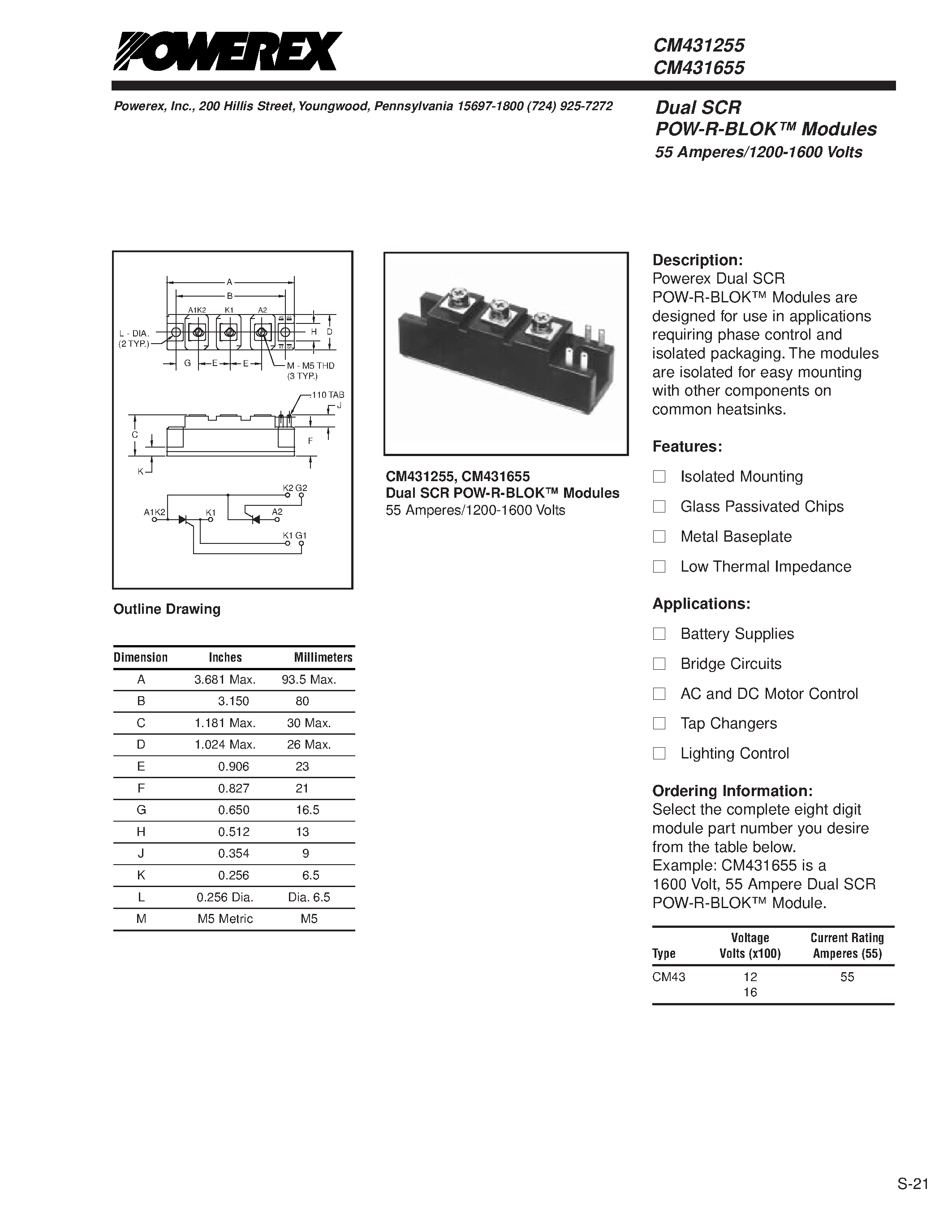 Даташит CM431255 - Dual SCR POW-R-BLOK Modules 55 Amperes/1200-1600 Volts страница 1