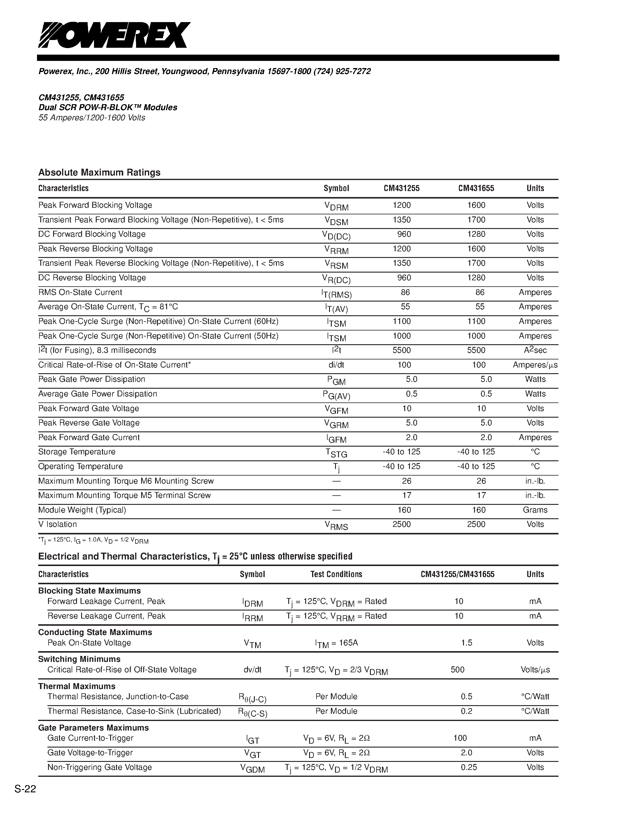 Даташит CM431255 - Dual SCR POW-R-BLOK Modules 55 Amperes/1200-1600 Volts страница 2