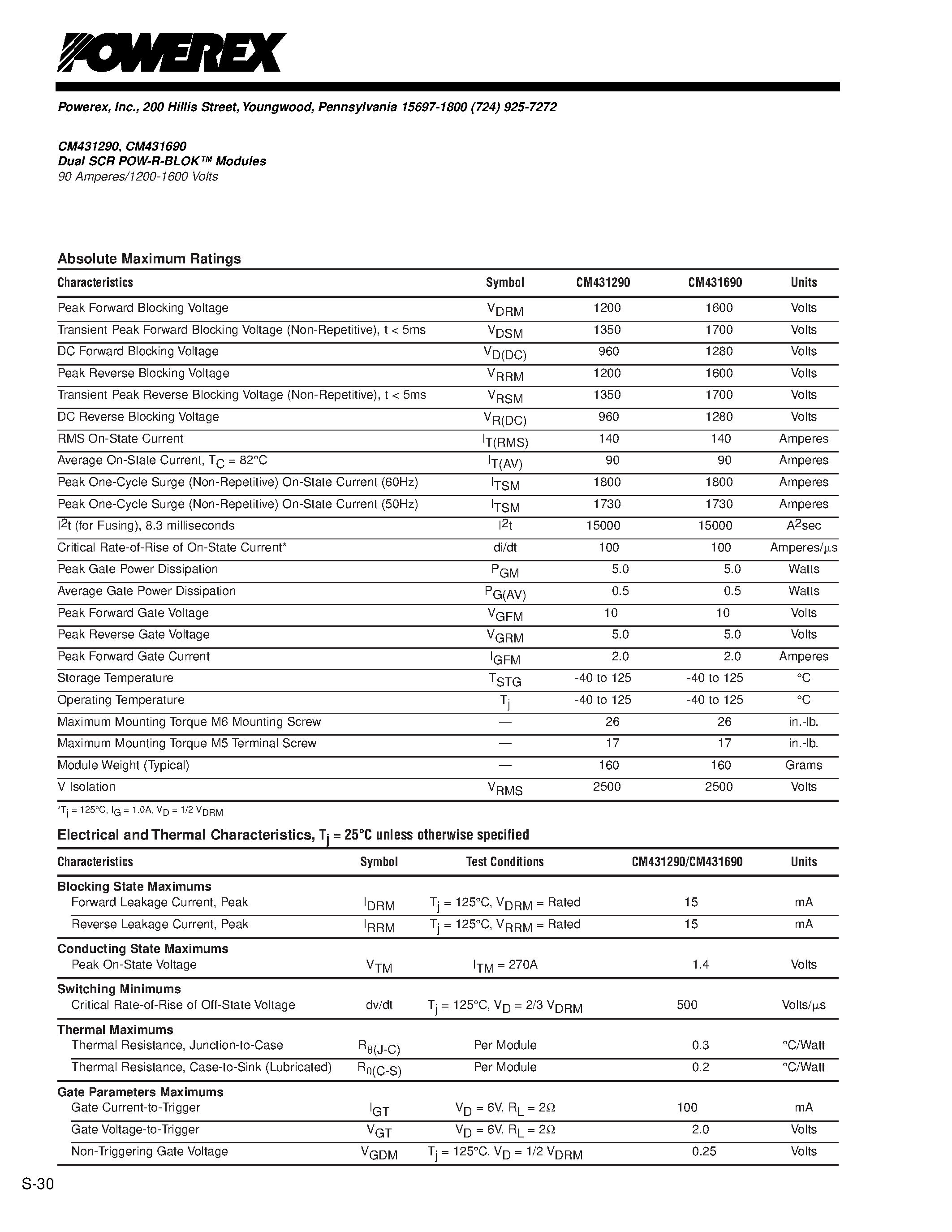 Даташит CM431690 - Dual SCR POW-R-BLOK Modules 90 Amperes/1200-1600 Volts страница 2