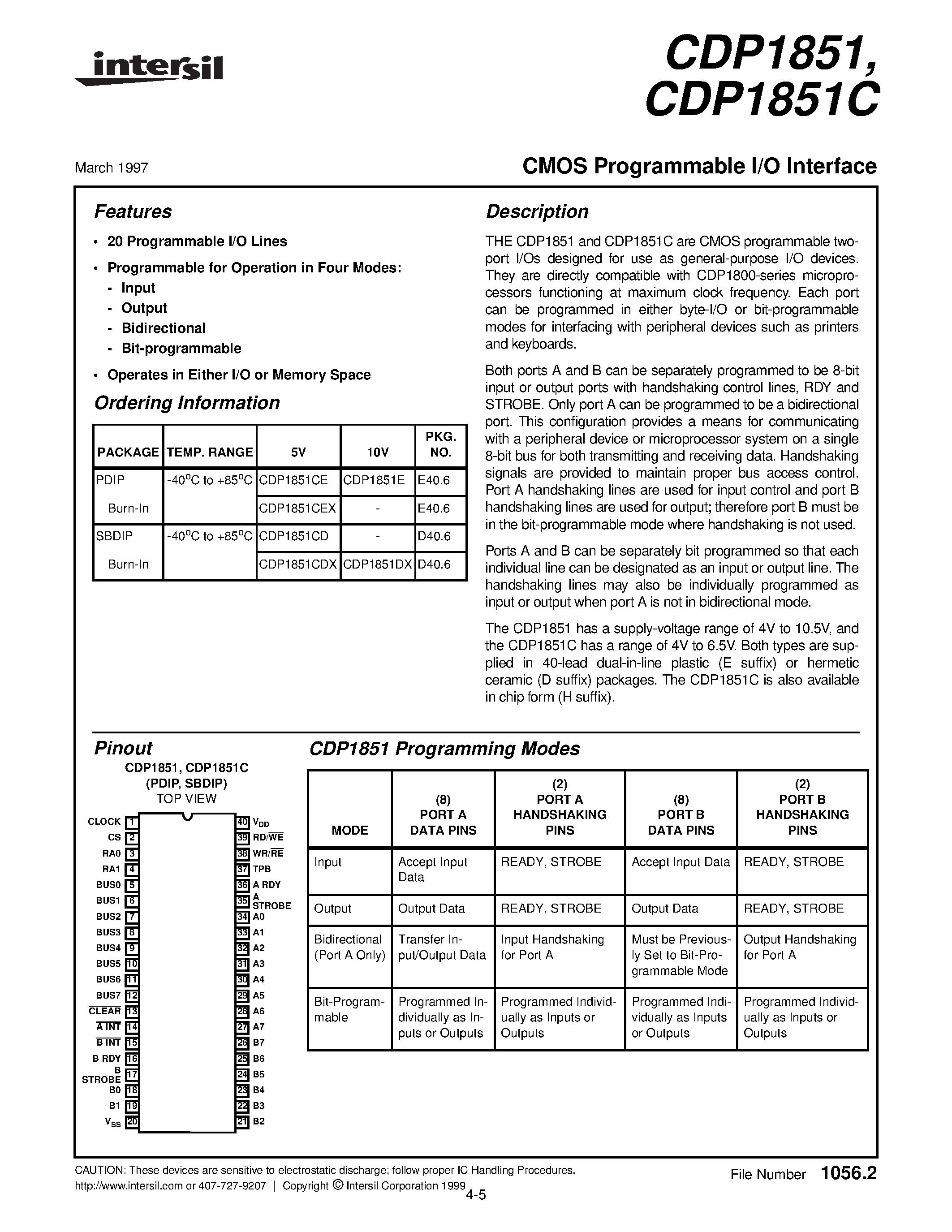 Даташит CDP1851 - CMOS Programmable I/O Interface страница 1