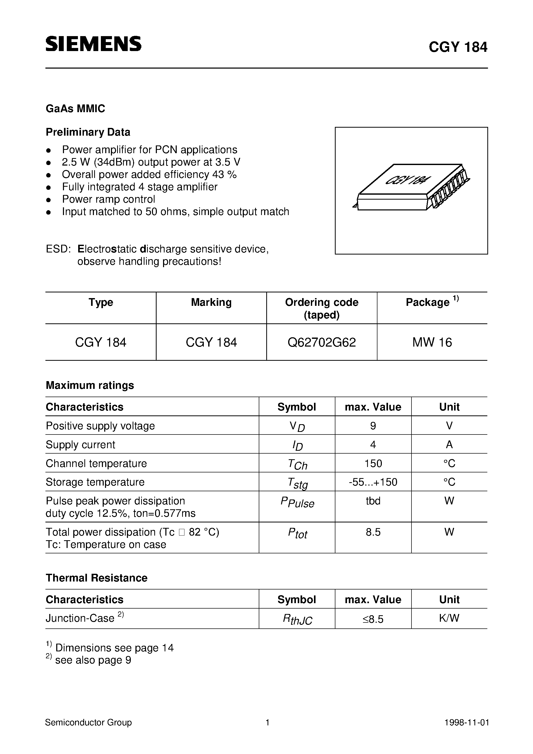 Даташит CGY184 - GaAs MMIC (Power amplifier for PCN applications 2.5 W 34dBm output power at 3.5 V) страница 1