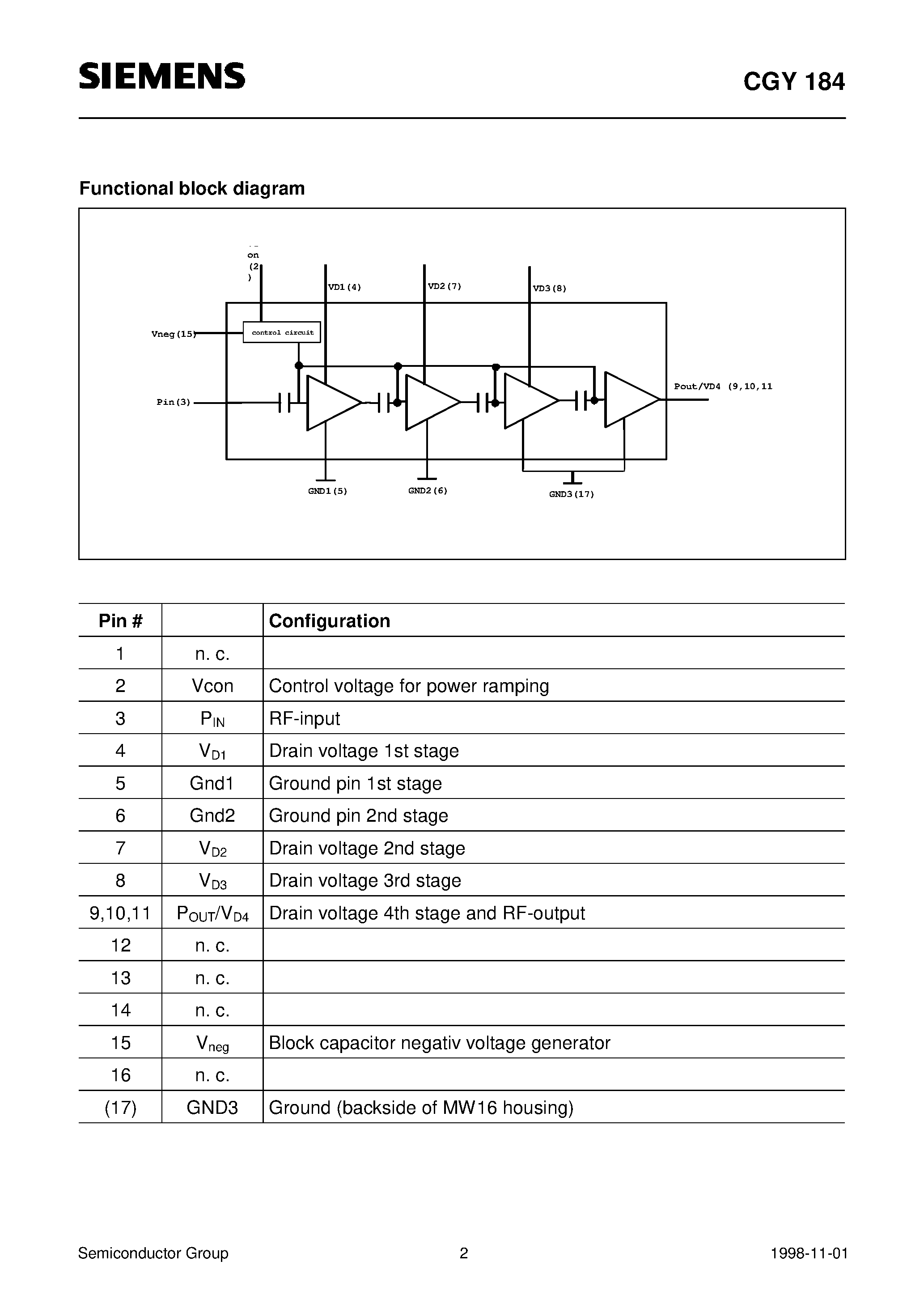 Даташит CGY184 - GaAs MMIC (Power amplifier for PCN applications 2.5 W 34dBm output power at 3.5 V) страница 2