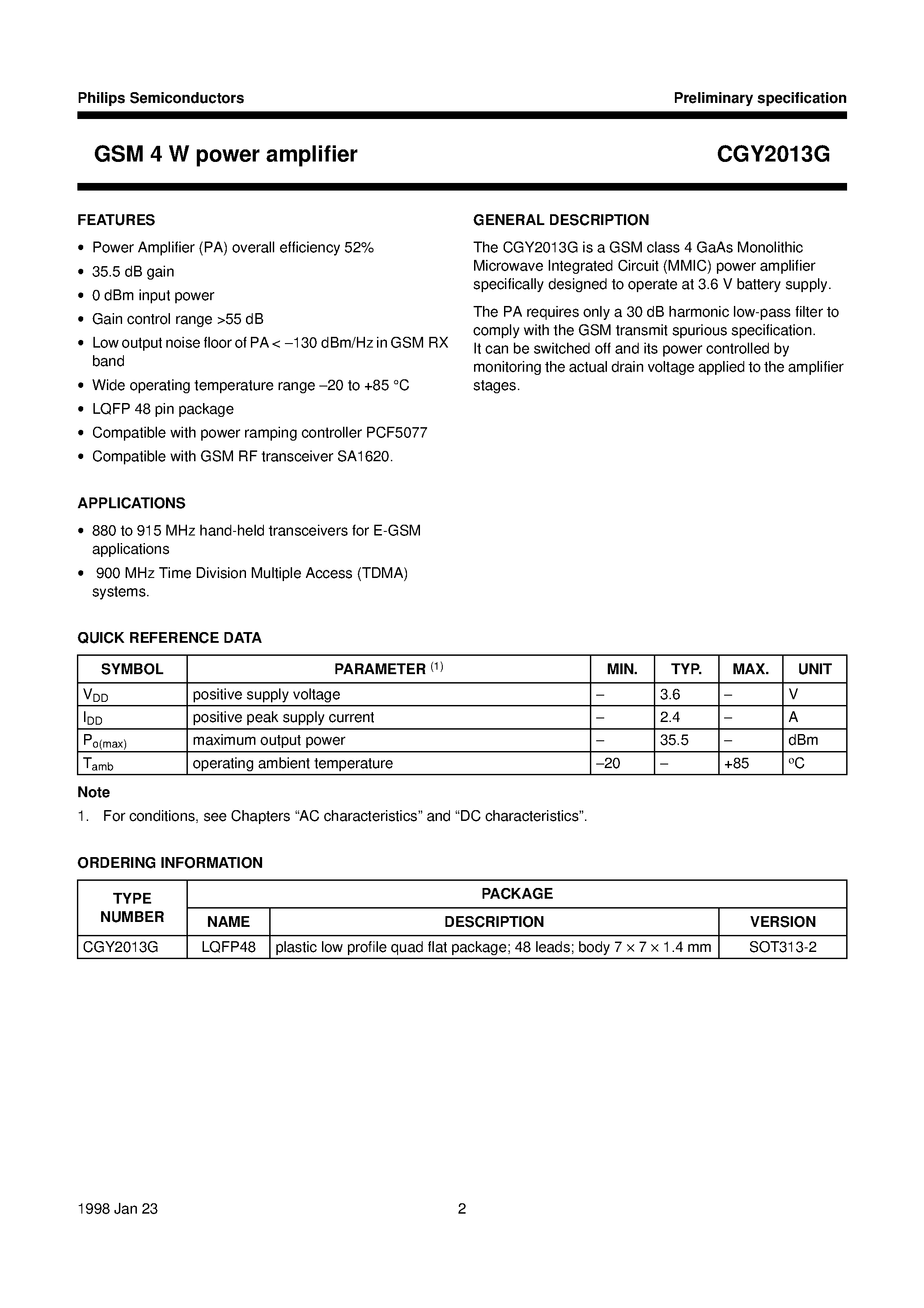 Даташит CGY2013G - GSM 4 W power amplifier страница 2