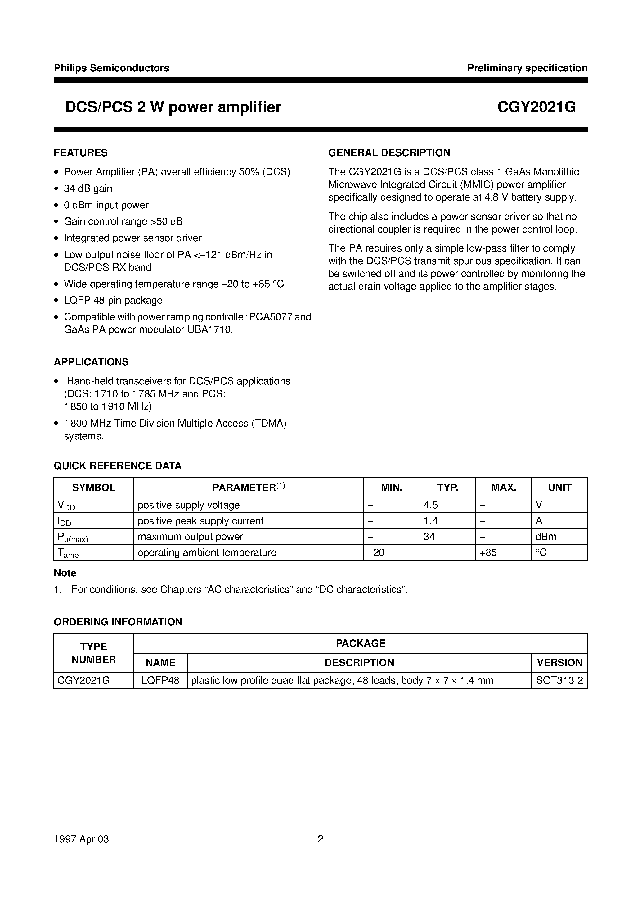 Даташит CGY2021G - DCS/PCS 2 W power amplifier страница 2