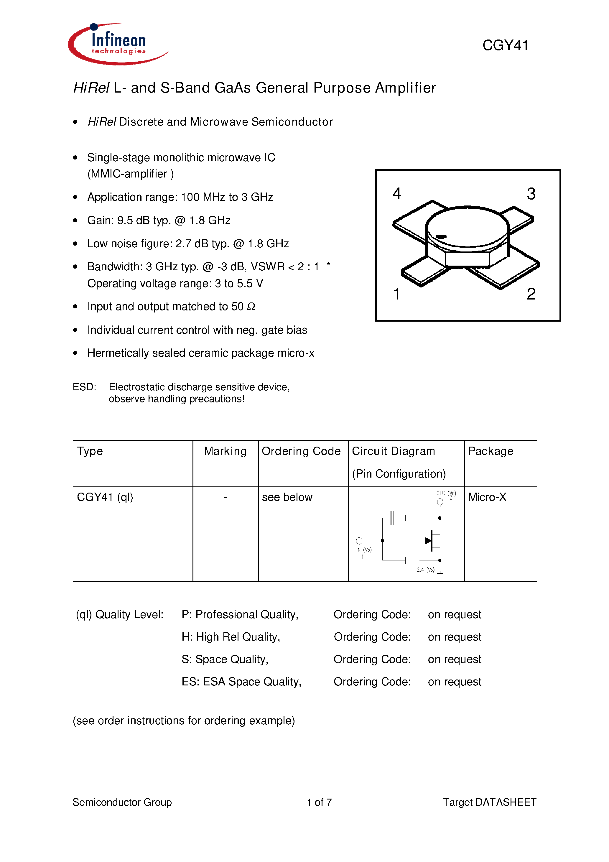 Datasheet CGY41 - HiRel L- and S-Band GaAs General Purpose Amplifier page 1