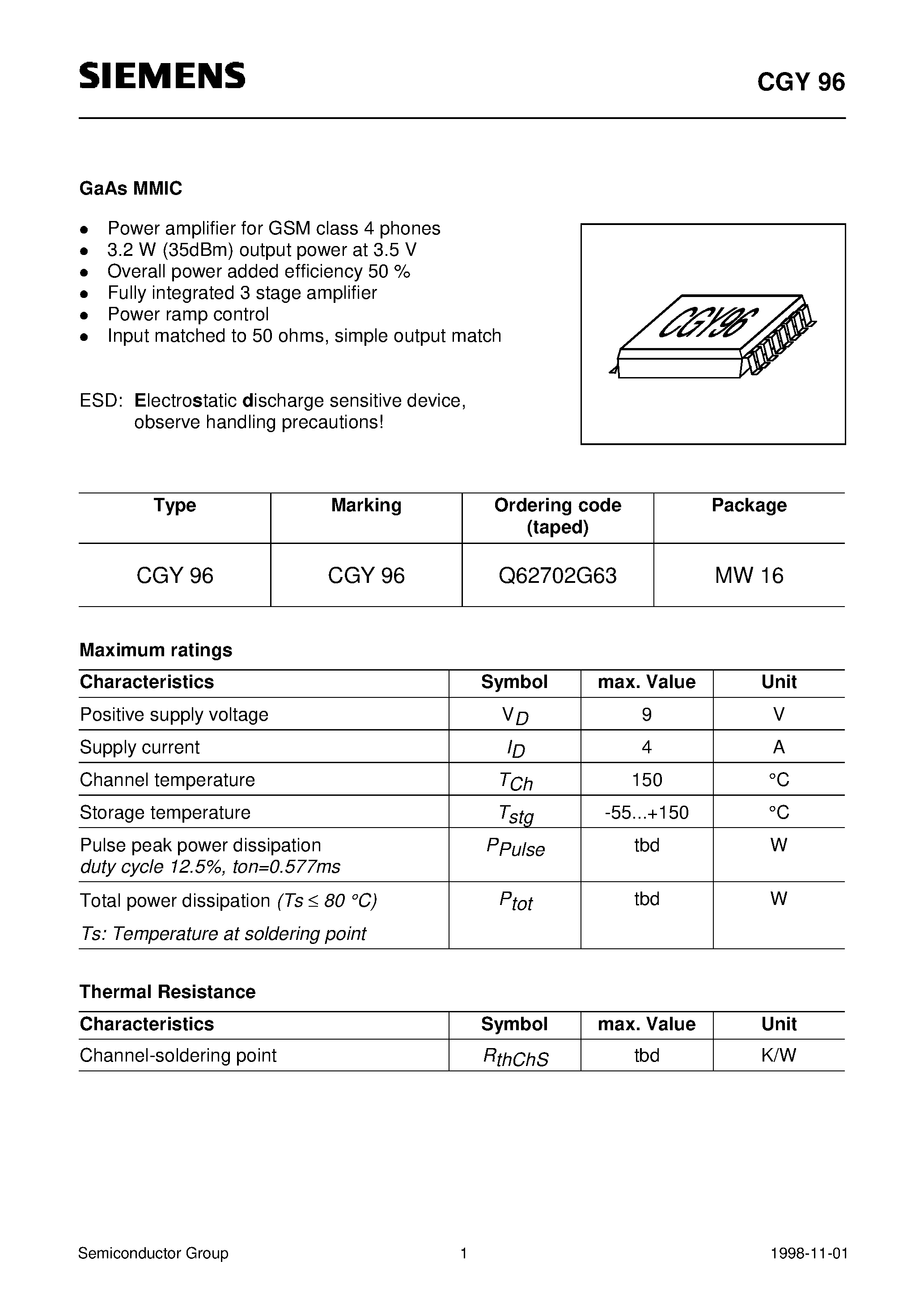 Datasheet CGY96 - GaAs MMIC (Power amplifier for GSM class 4 phones 3.2 W 35dBm output power at 3.5 V Overall power added efficiency 50%) page 1