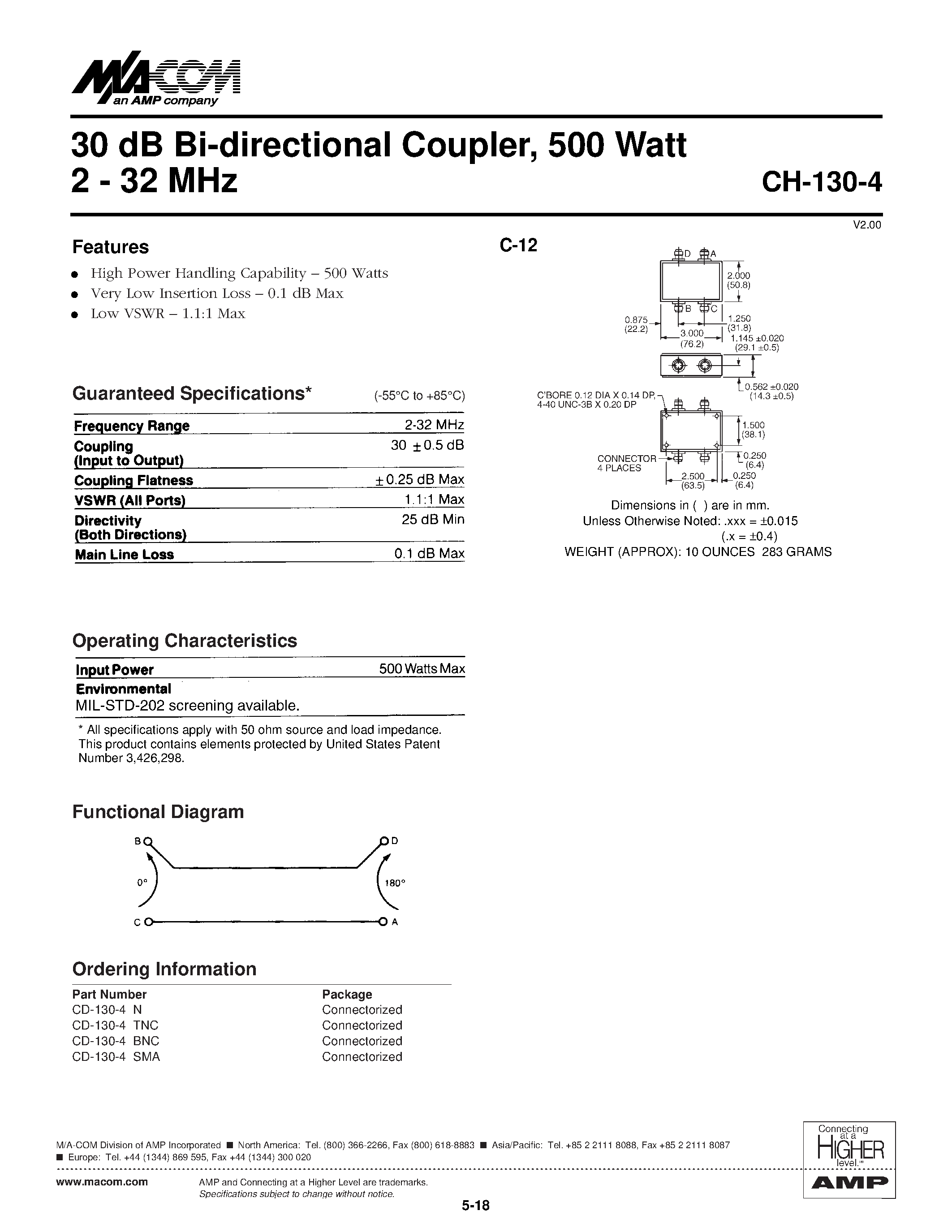 Даташит CH-130-4 - 30 dB Bi-directional Coupler/ 500 Watt 2 - 32 MHz страница 1