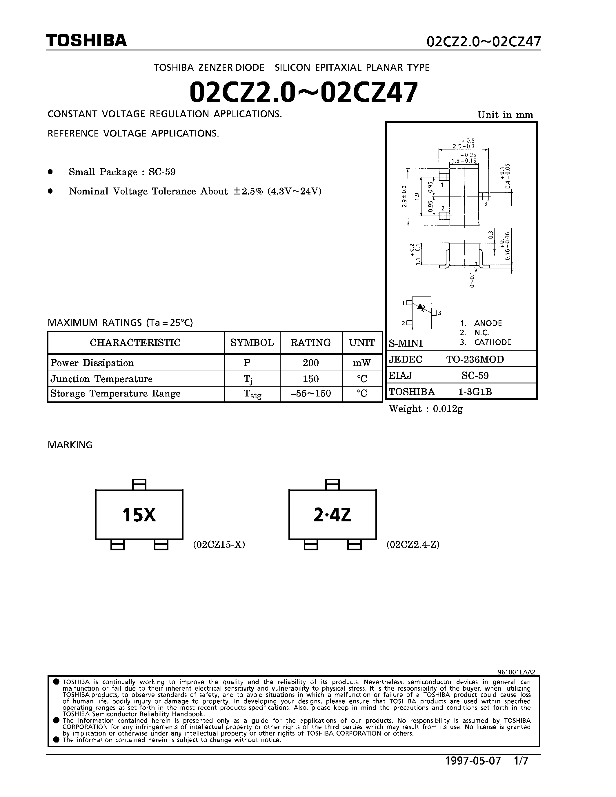 Даташит 02CZ5.1Y - DIODE (CONSTANT VOLTAGE REGULATION APPLICATIONS. REFERENCE VOLTAGE APPLICATIONS.) страница 1