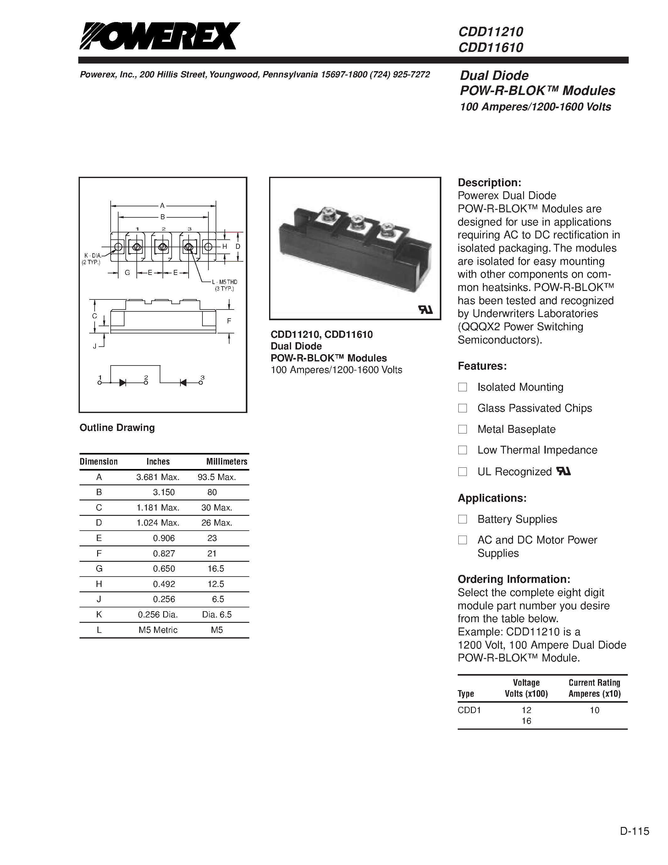 Даташит CDD11210 - Dual Diode POW-R-BLOK Modules 100 Amperes/1200-1600 Volts страница 1