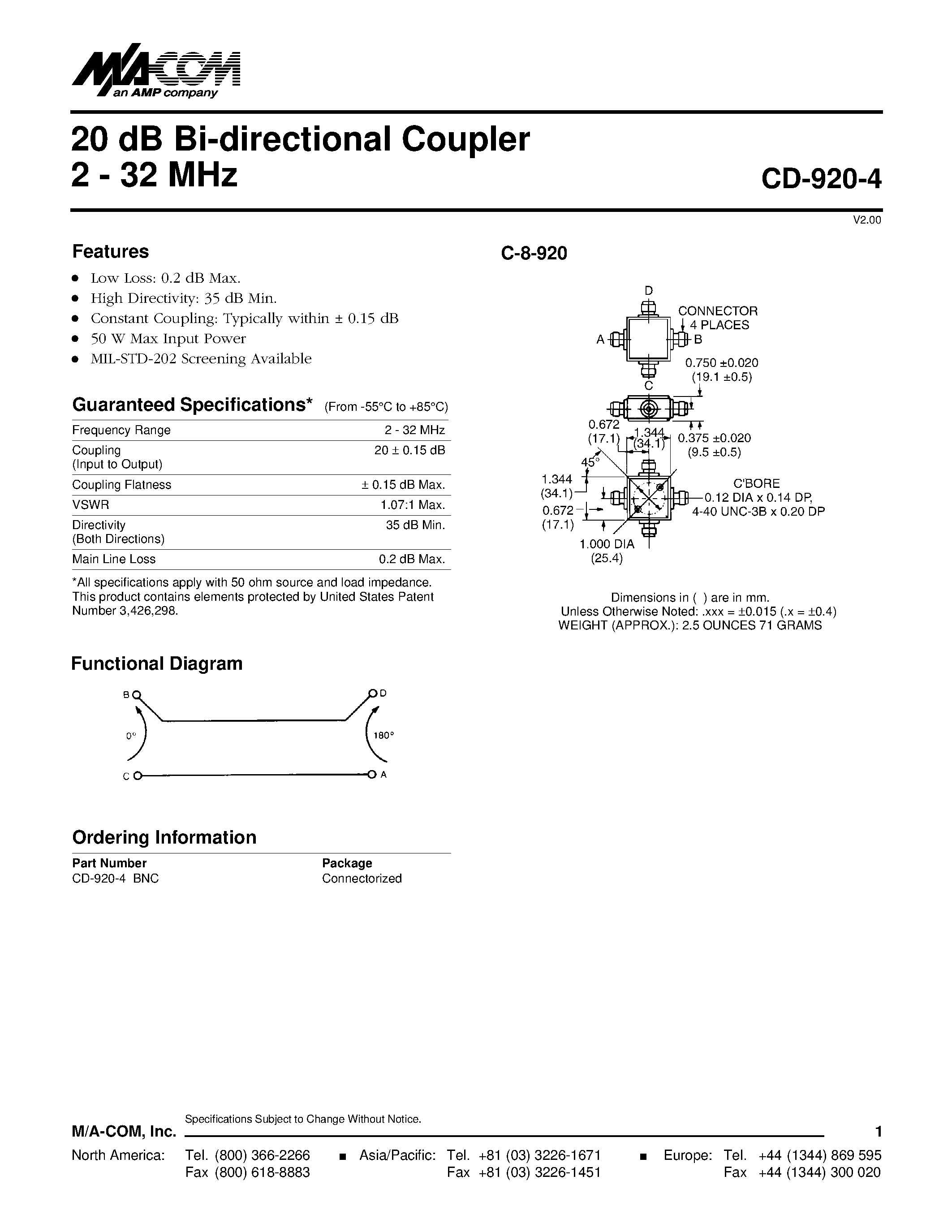 Даташит CD-920-4 - 20 dB Bi-directional Coupler 2 - 32 MHz страница 1