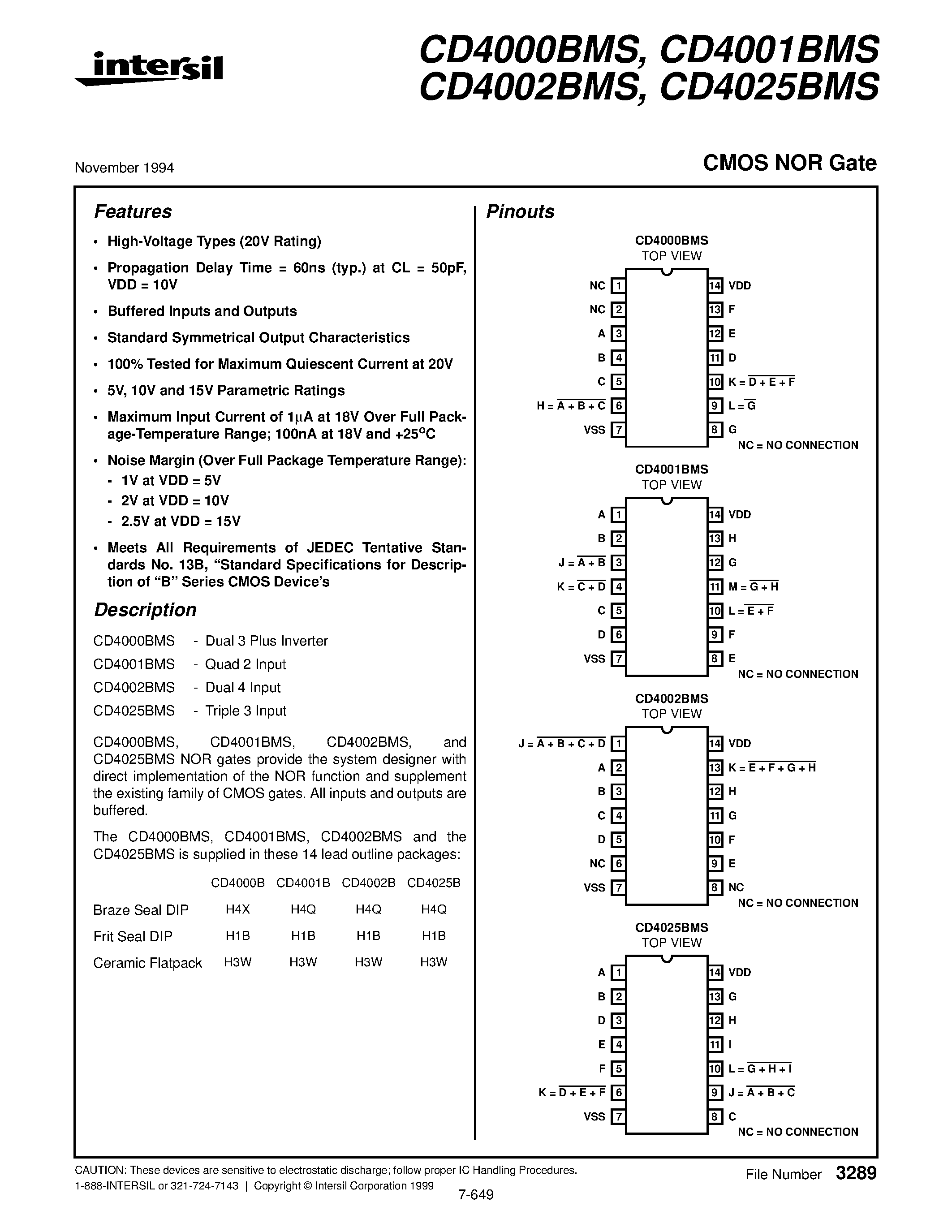 Datasheet CD4000 - CMOS 4 Bit Arithmetic Logic Unit page 1