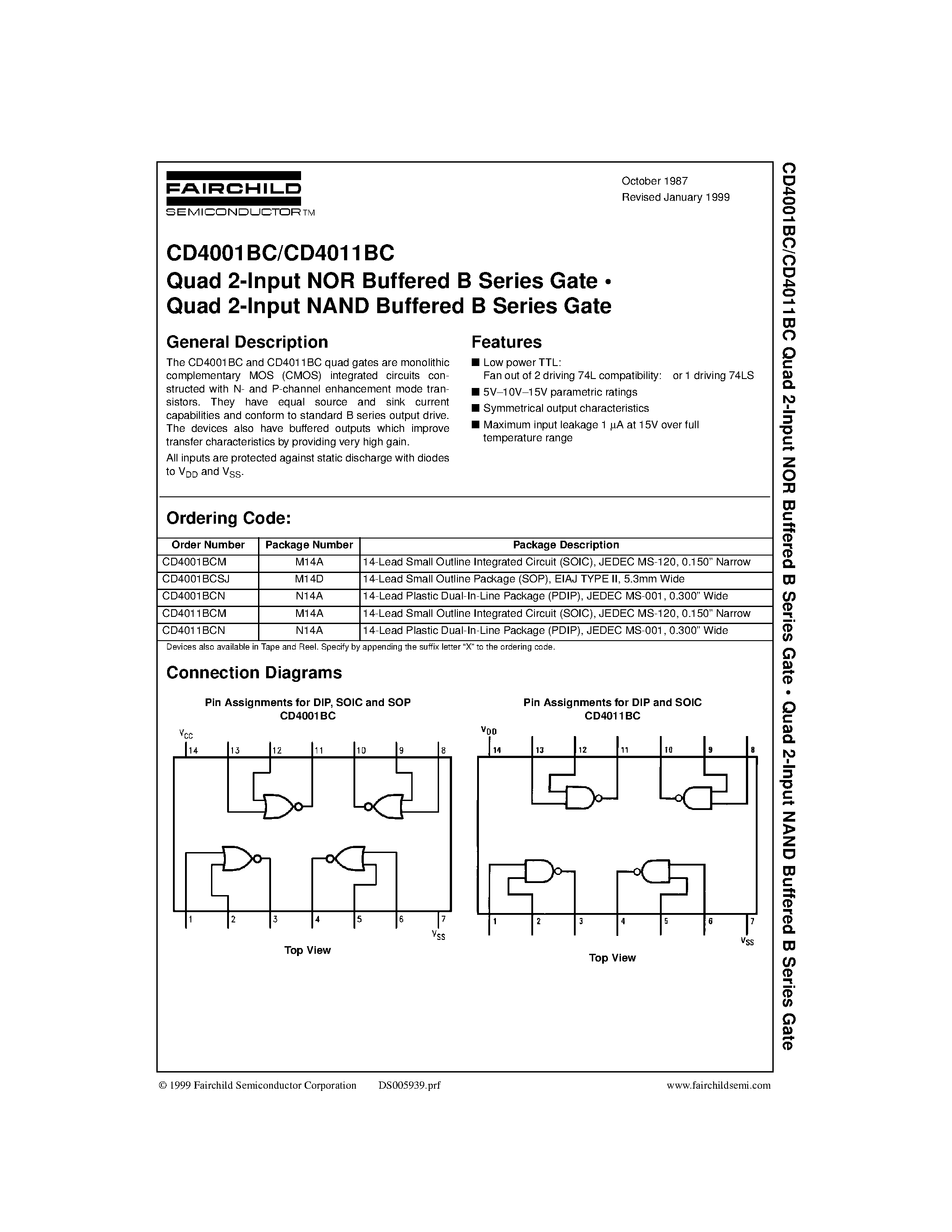 Datasheet CD4001 - Quad 2-Input NOR Buffered B Series Gate . Quad 2-Input NAND Buffered B Series Gate page 1