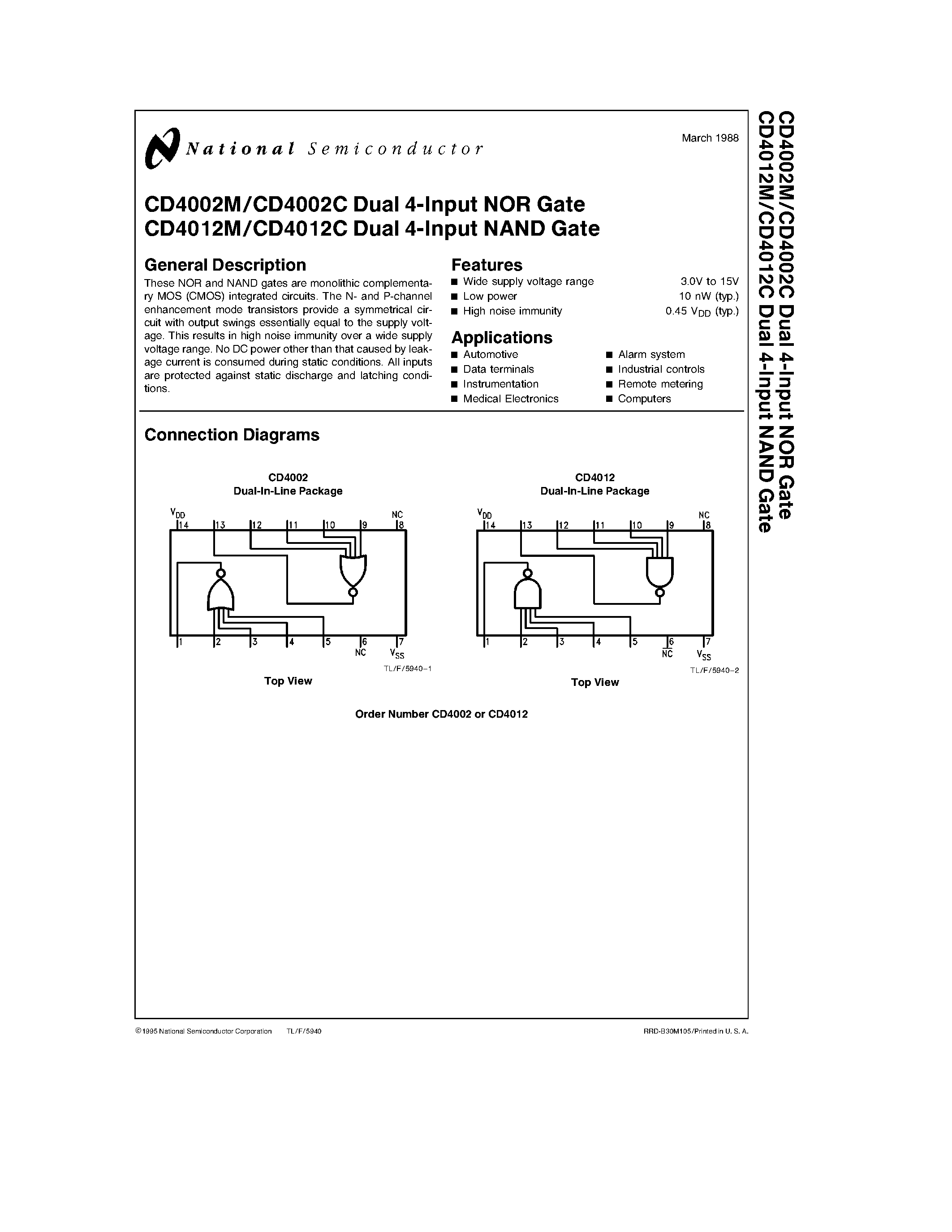 Datasheet CD4002 - Dual 4-Input NOR(NAND) Gate page 1