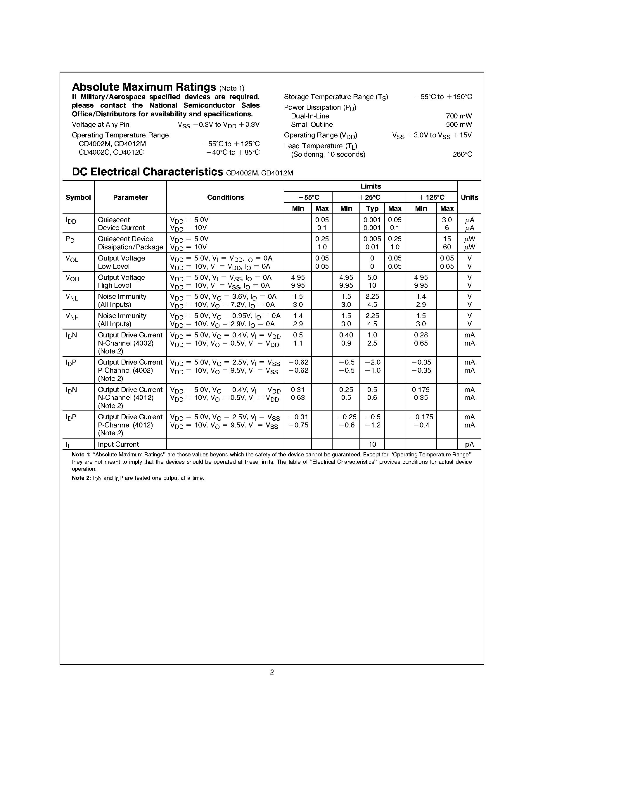 Datasheet CD4002 - Dual 4-Input NOR(NAND) Gate page 2