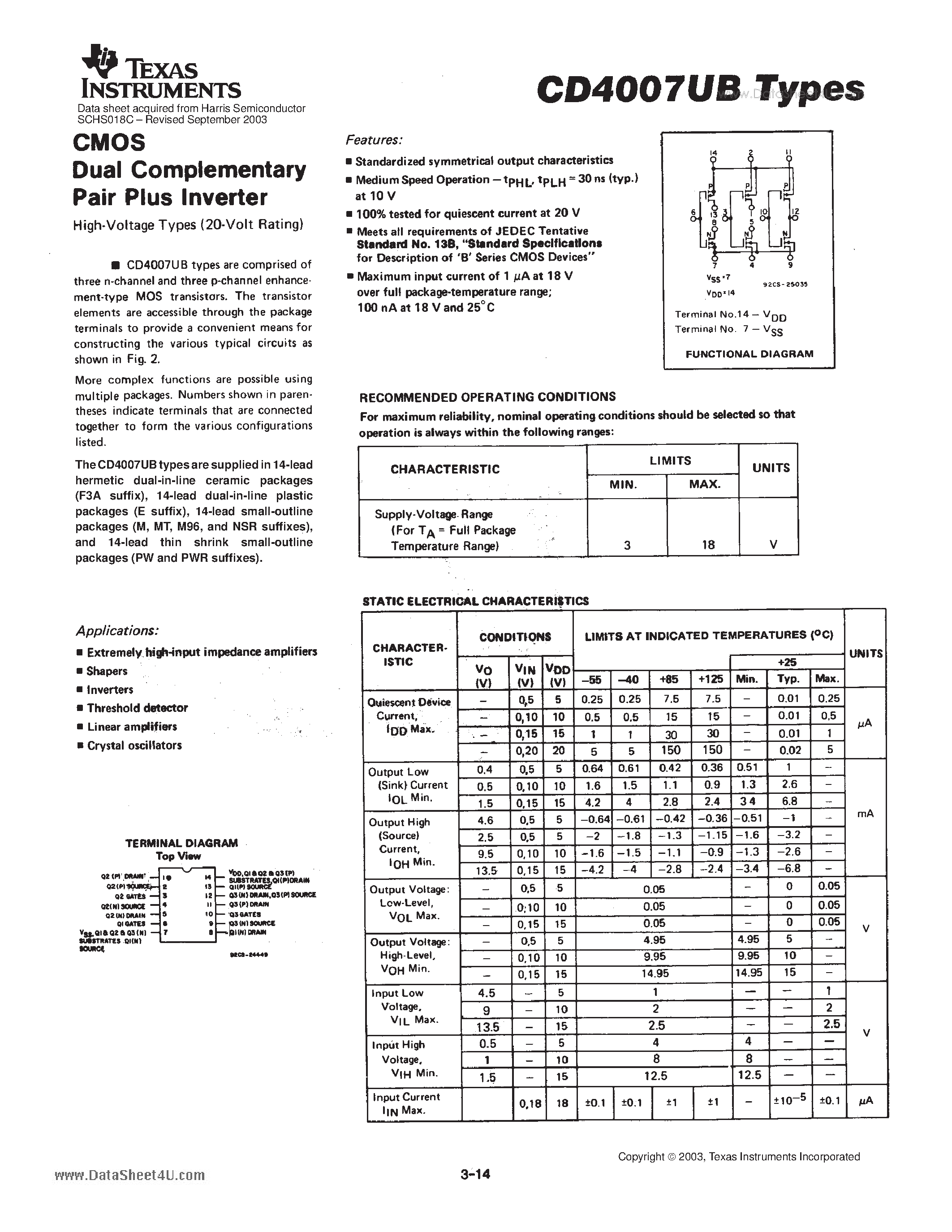 Datasheet CD4007 - Dual Complementary Pair Plus Inverter page 1