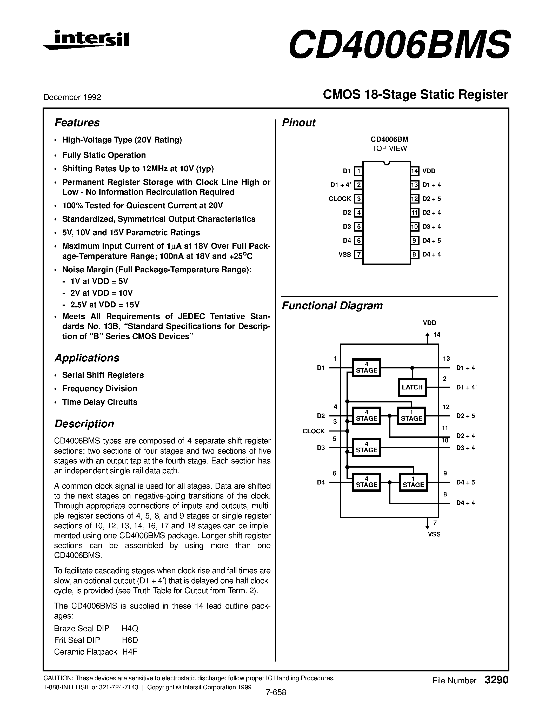 Datasheet CD4006BM - 18-Stage Static Shift Register page 1