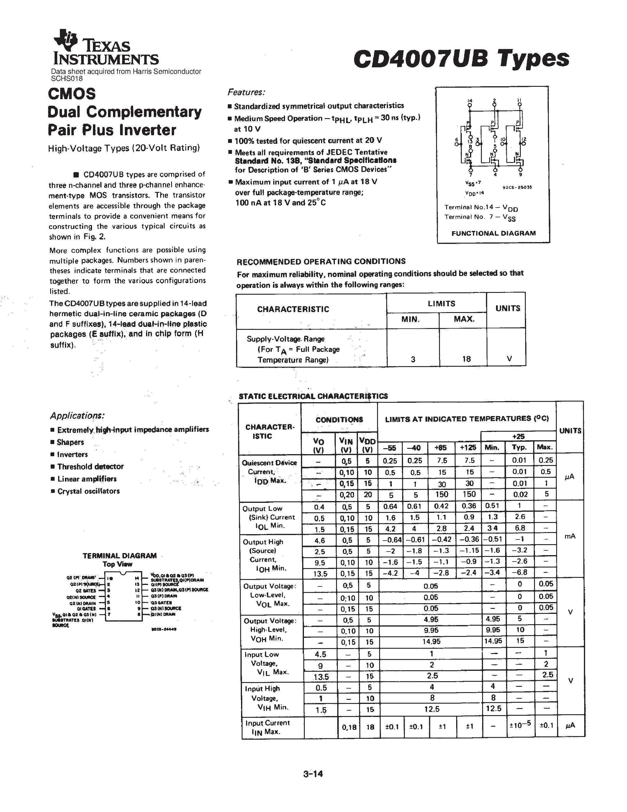 Datasheet CD4007C - Dual Complementary Pair Plus Inverter page 1