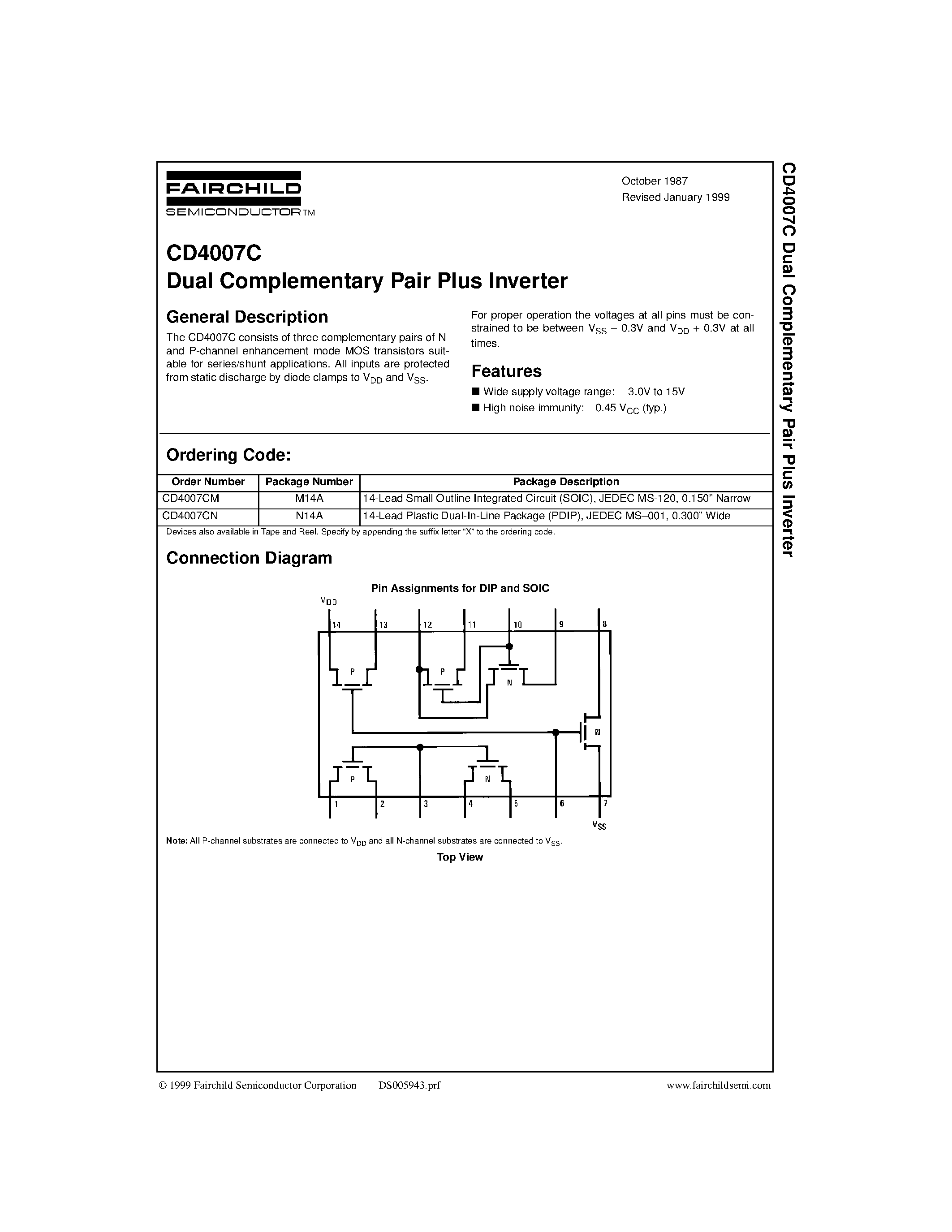 Datasheet CD4007CM - Dual Complementary Pair Plus Inverter page 1