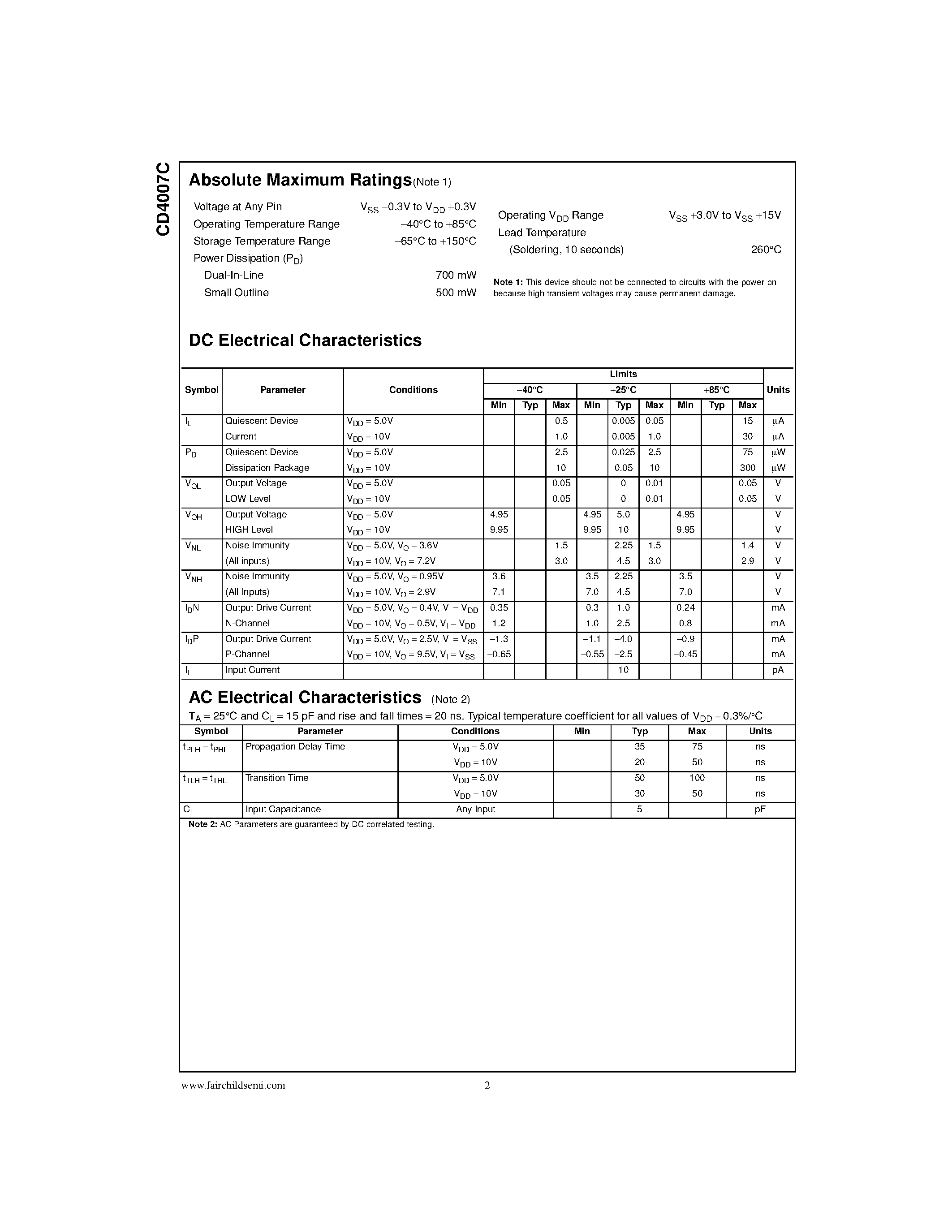 Datasheet CD4007CM - Dual Complementary Pair Plus Inverter page 2