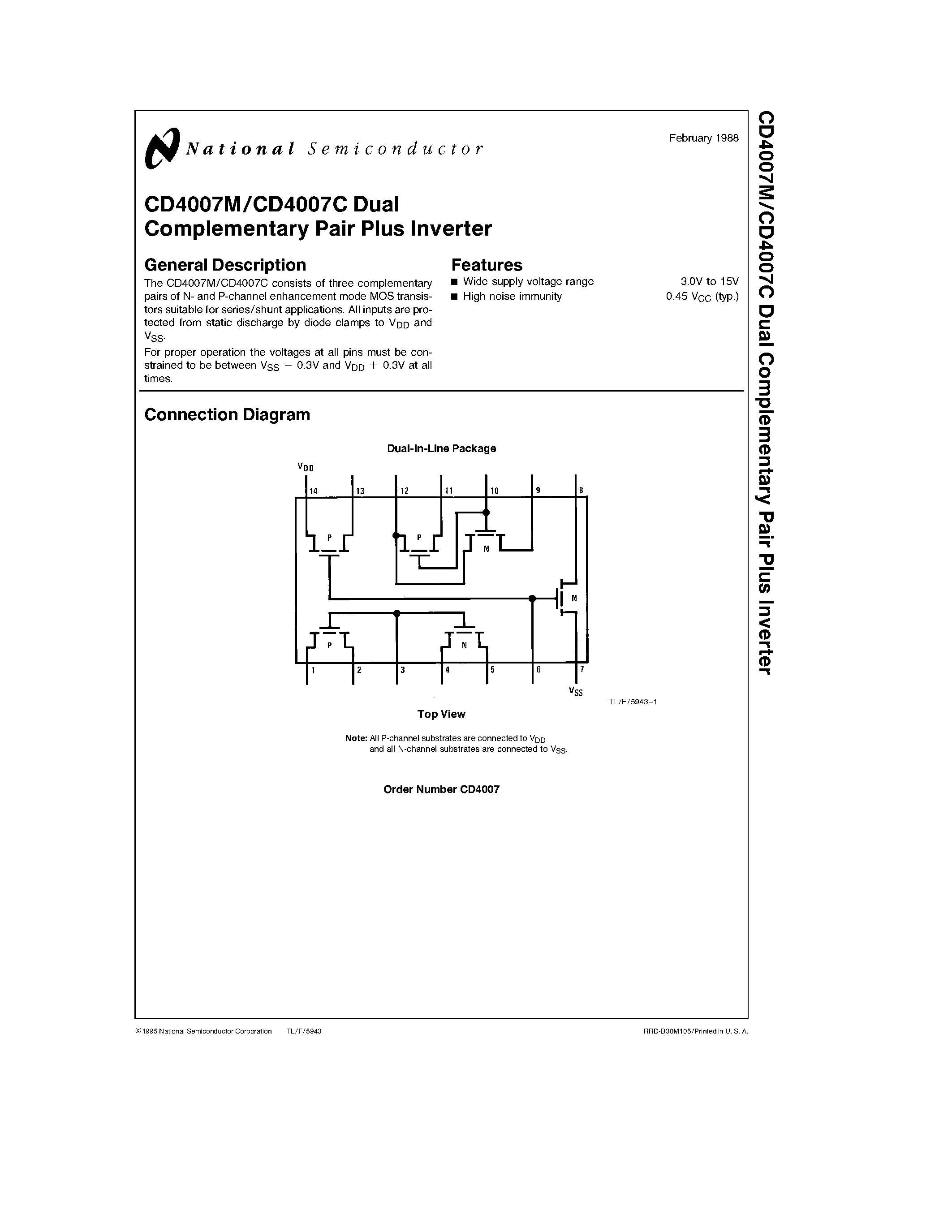 Datasheet CD4007 - Dual Complementary Pair Plus Inverter page 1