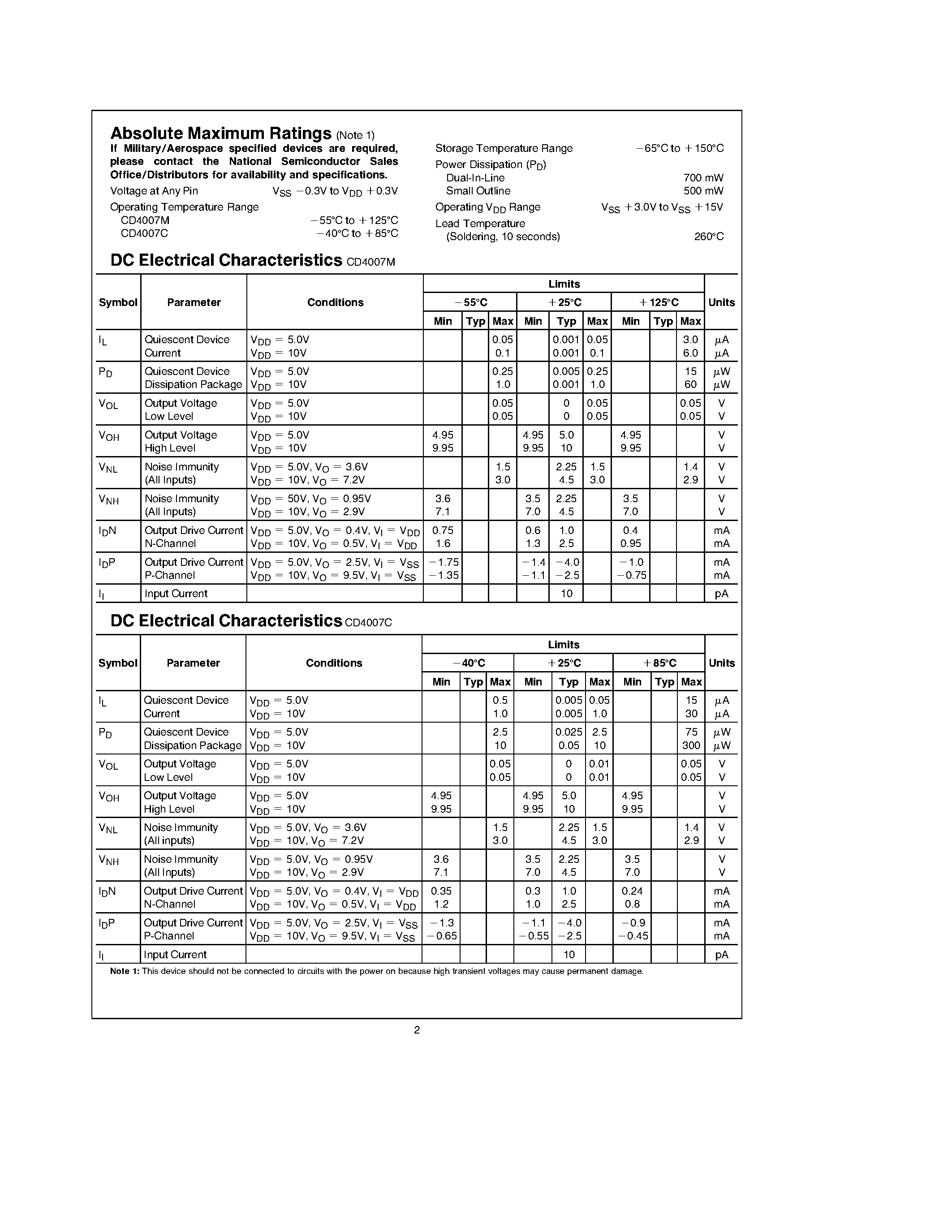 Datasheet CD4007 - Dual Complementary Pair Plus Inverter page 2