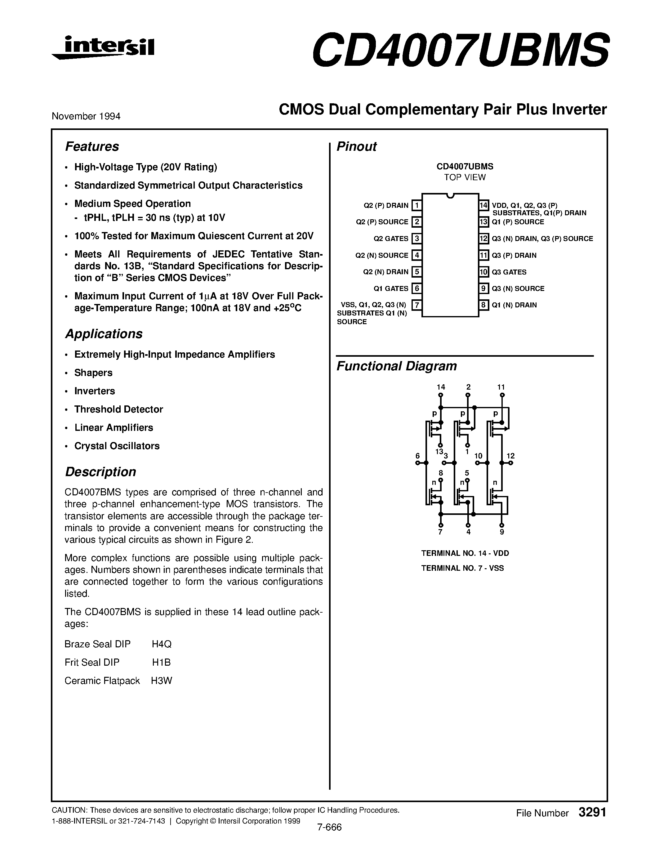 Datasheet CD4007UBMS - CMOS Dual Complementary Pair Plus Inverter page 1