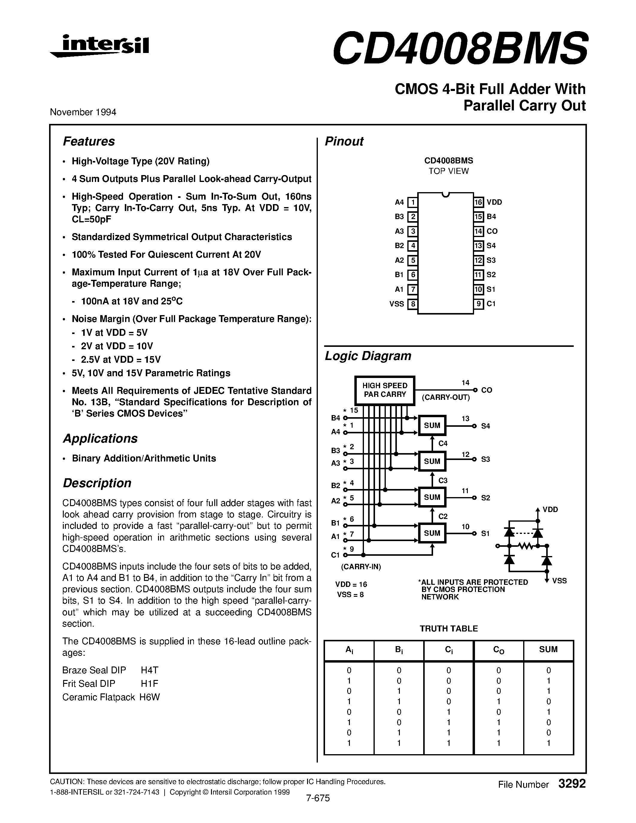 Datasheet CD4008 - CMOS 4-Bit Full Adder With Parallel Carry Out page 1