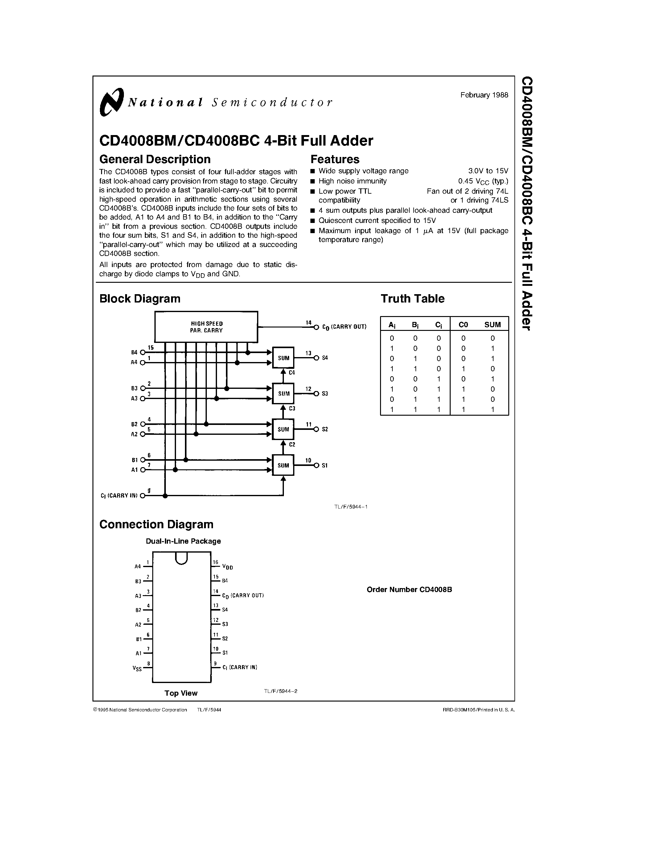 Datasheet CD4008BC - 4-Bit Full Adder page 1