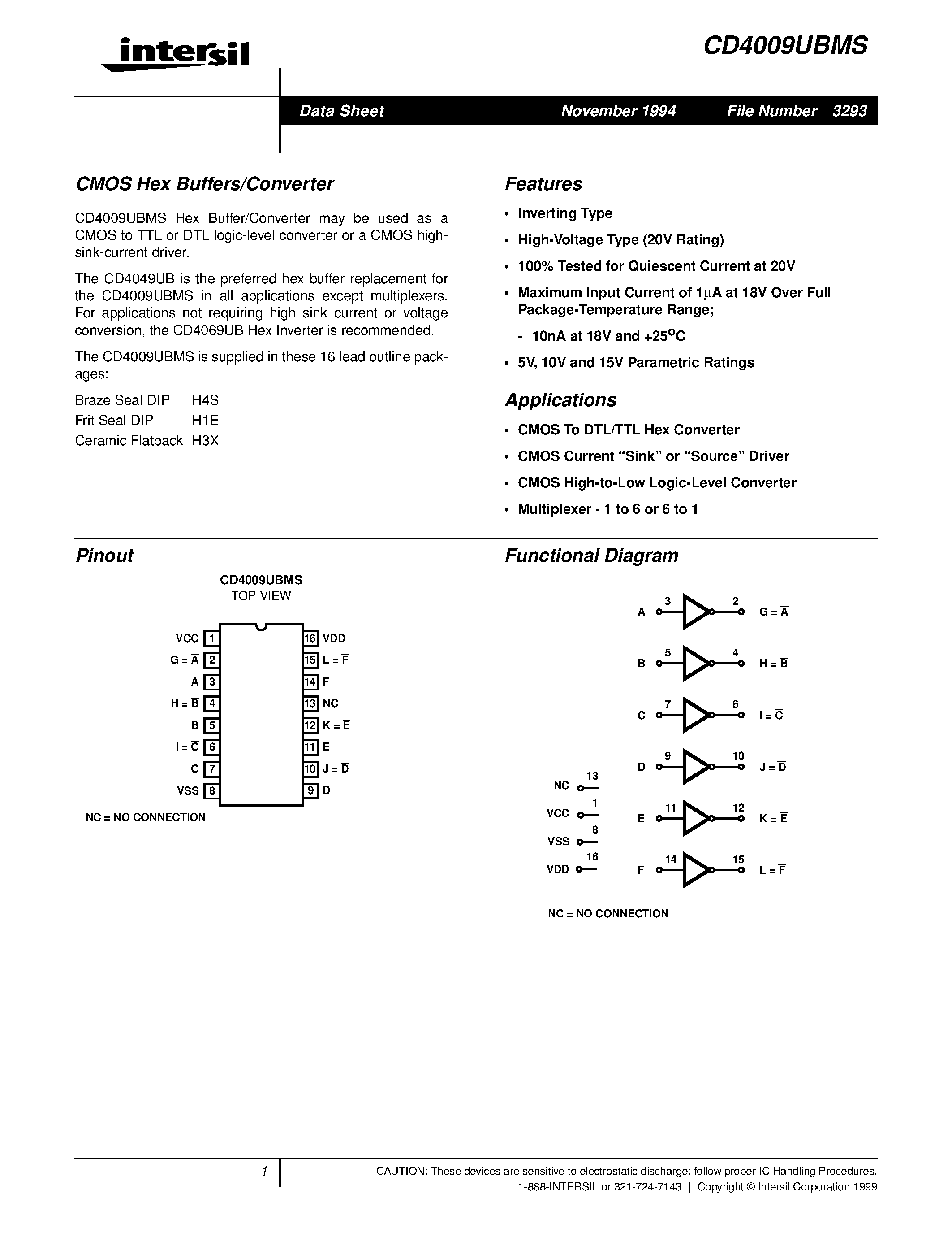 Datasheet CD4009 - CMOS Hex Buffers/Converter page 1