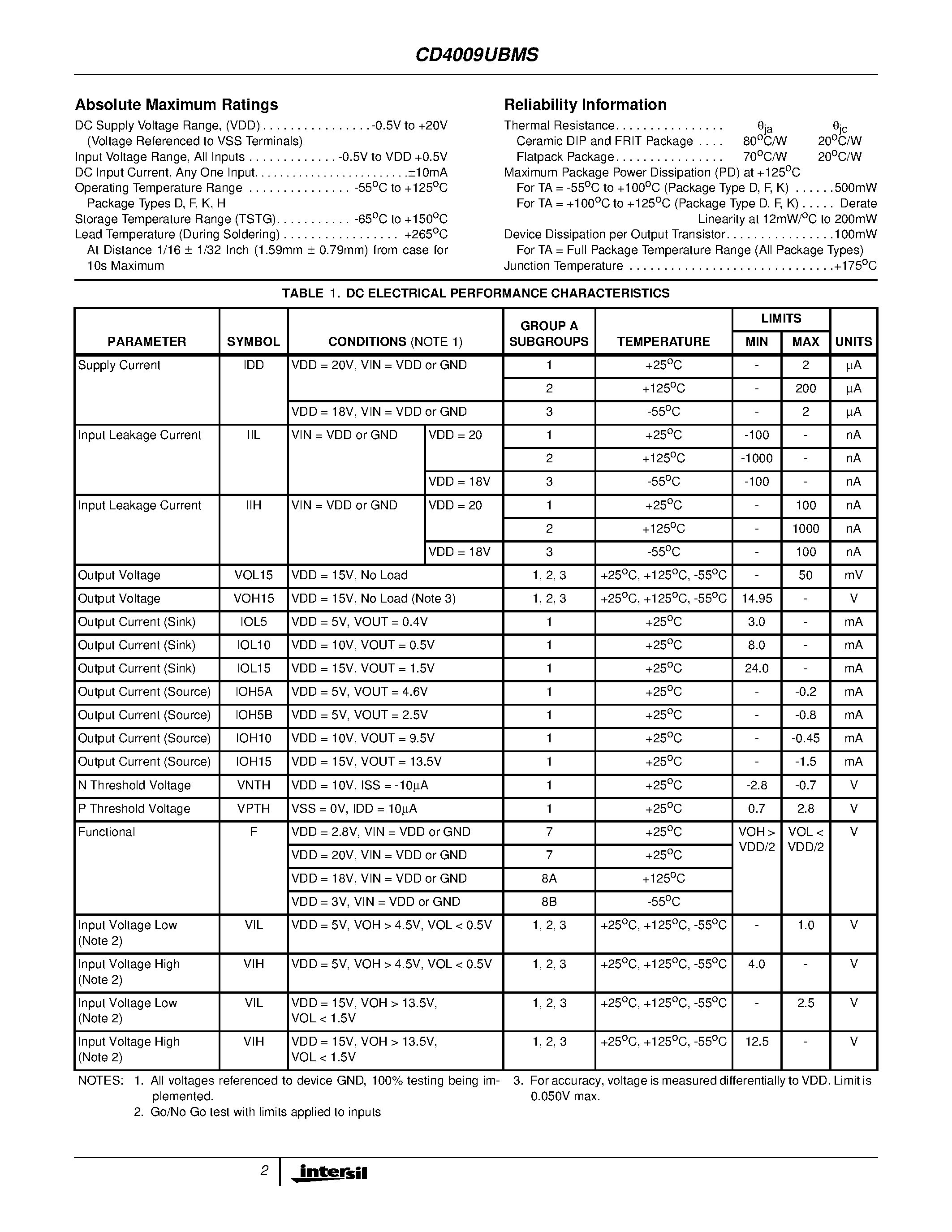 Datasheet CD4009 - CMOS Hex Buffers/Converter page 2