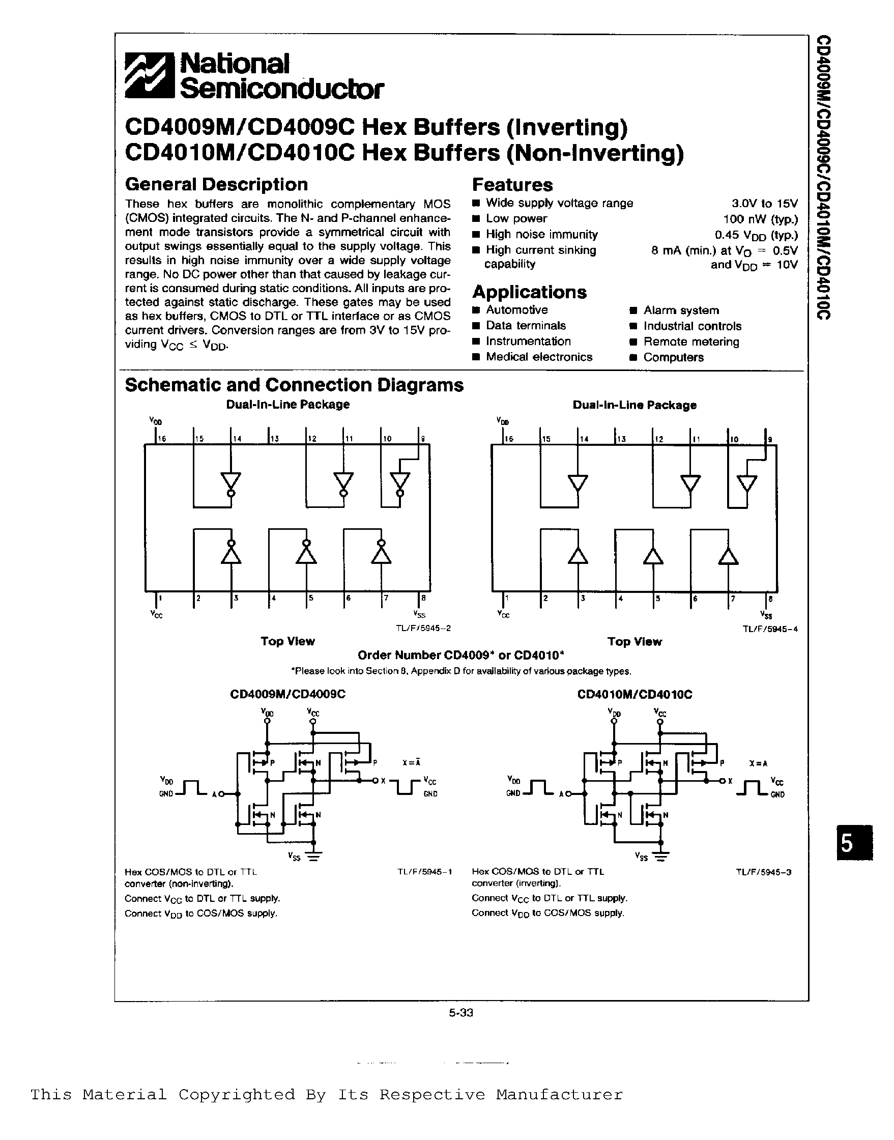 Datasheet CD4009C - Hex Buffers (Inverting) page 1