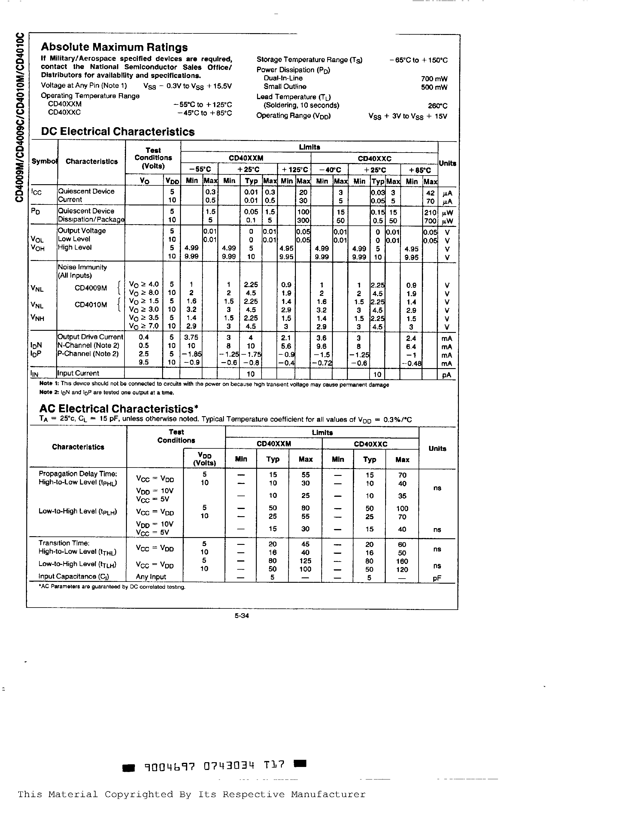 Datasheet CD4009C - Hex Buffers (Inverting) page 2