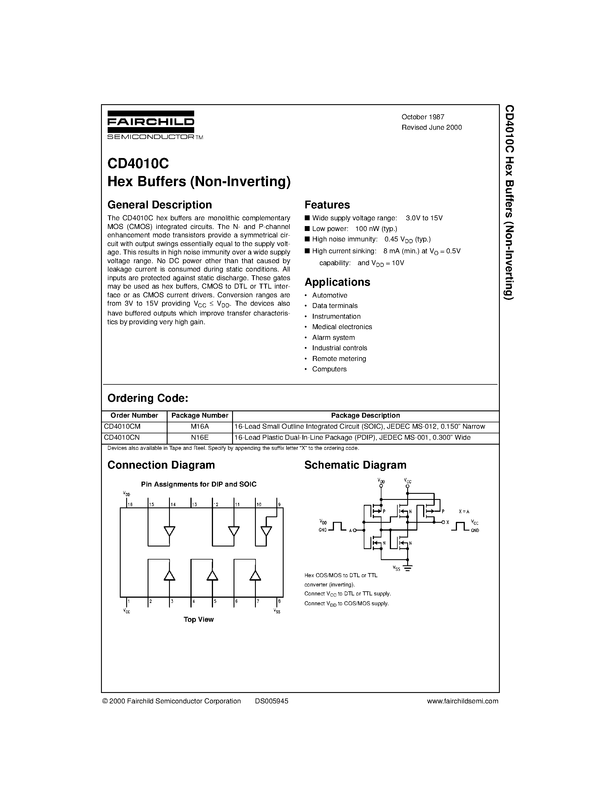 Datasheet CD4010 - Hex Buffers (Non-Inverting) page 1