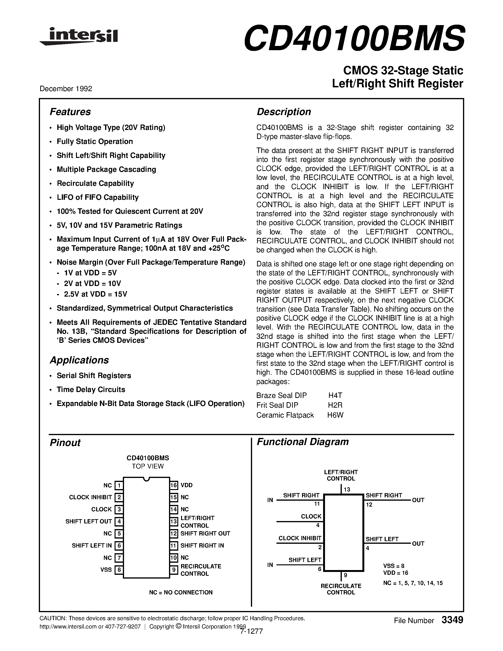 Datasheet CD40100BMS - CMOS 32-Stage Static Left/Right Shift Register page 1