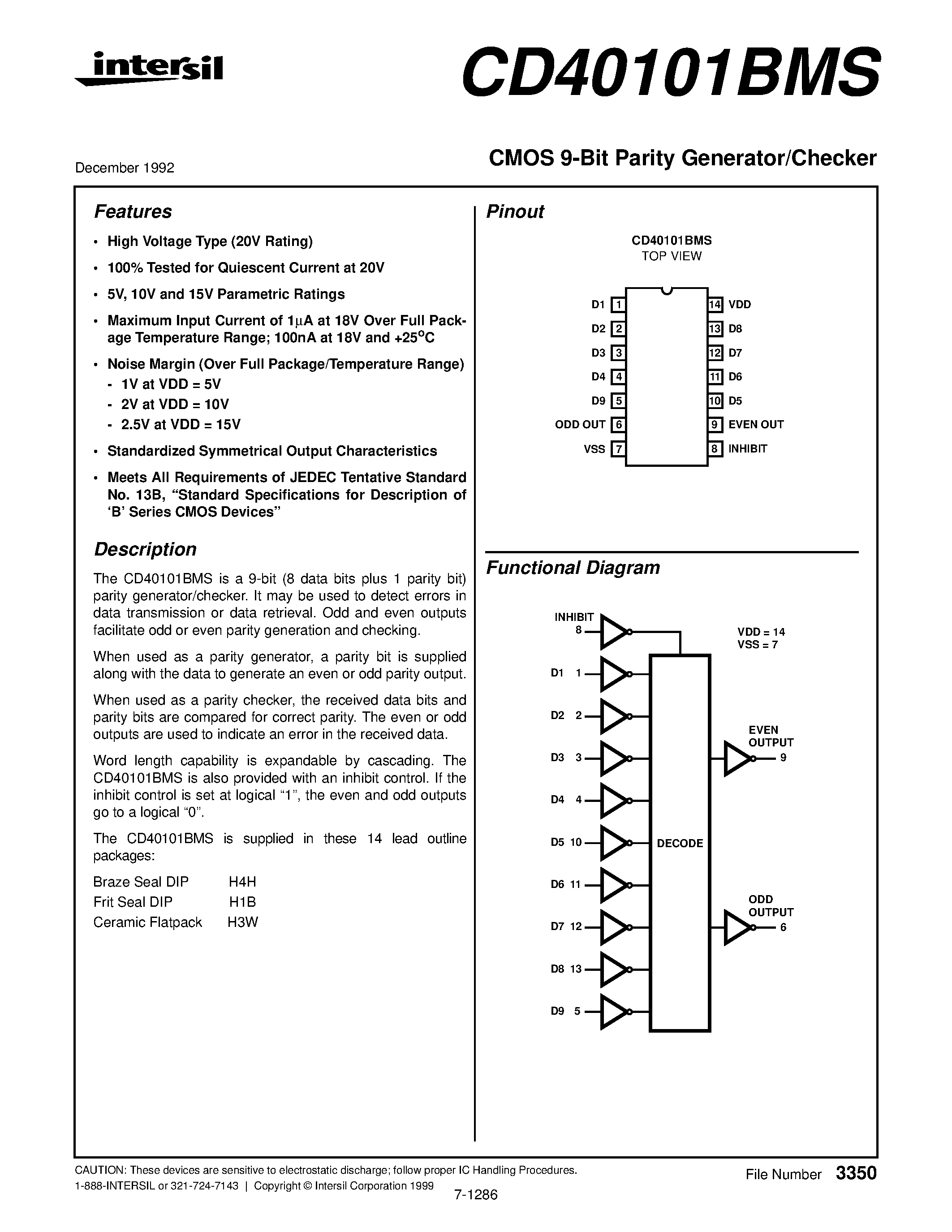 Datasheet CD40101BMS - CMOS 9-Bit Parity Generator/Checker page 1