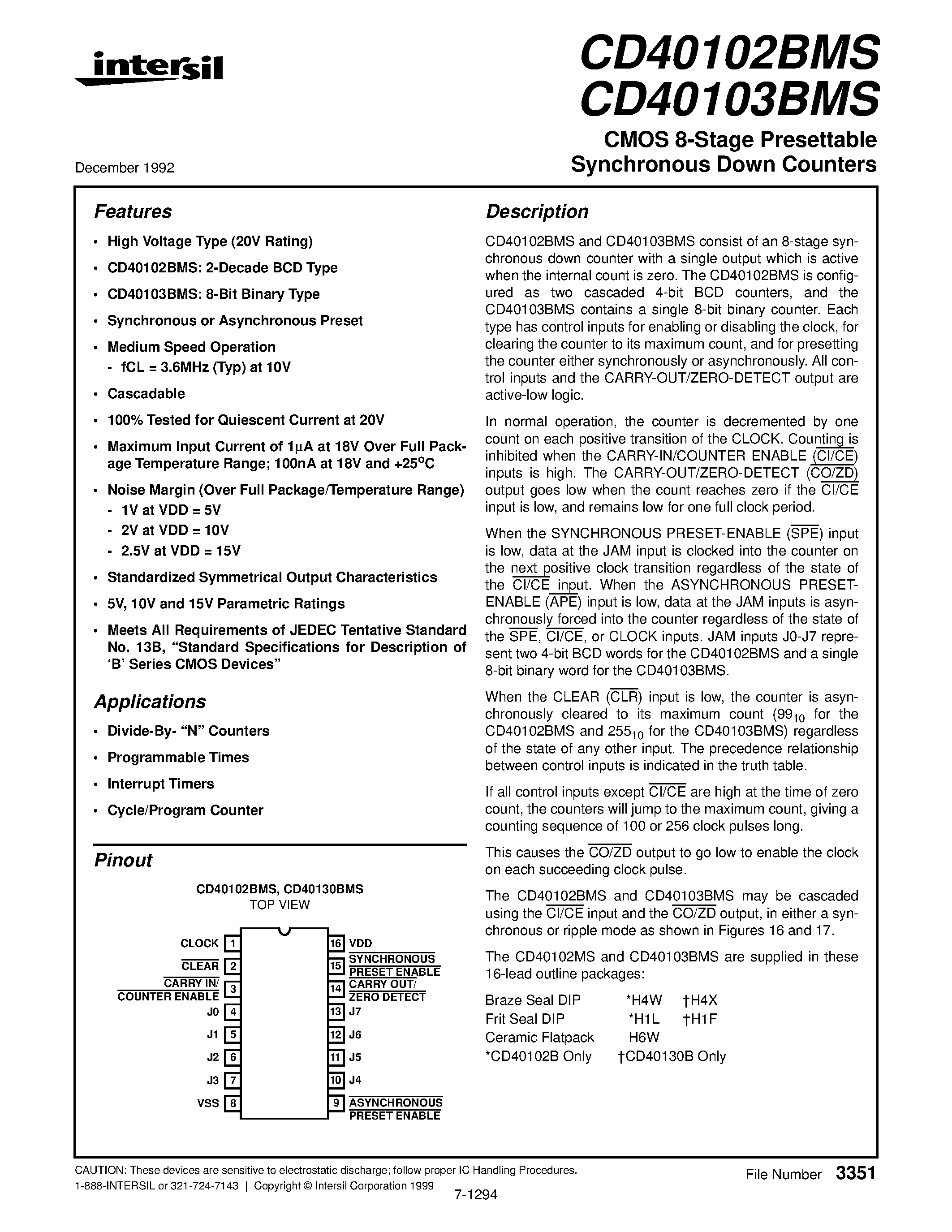 Datasheet CD40102BMS - CMOS 8-Stage Presettable Synchronous Down Counters page 1