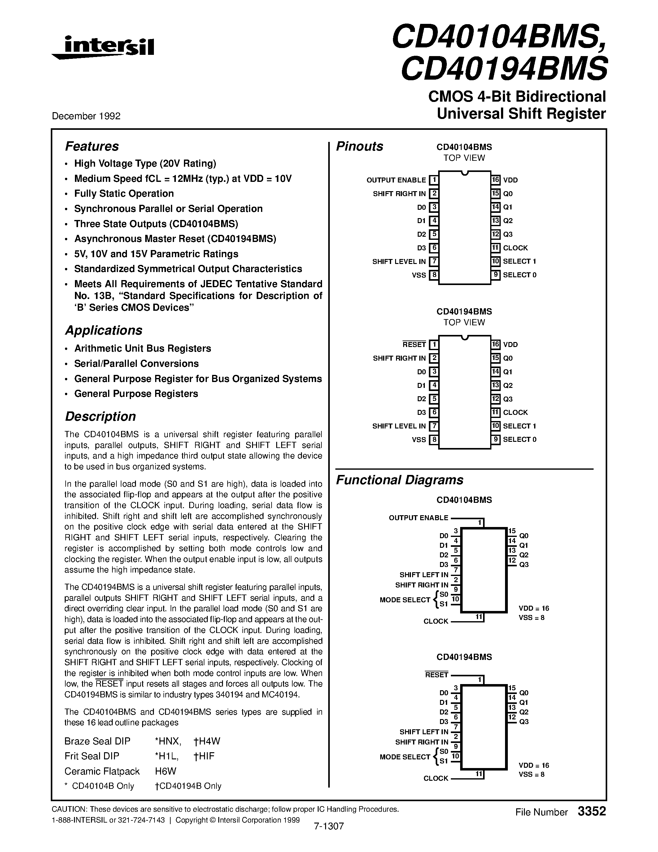 Datasheet CD40104BMS - CMOS 4-Bit Bidirectional Universal Shift Register page 1