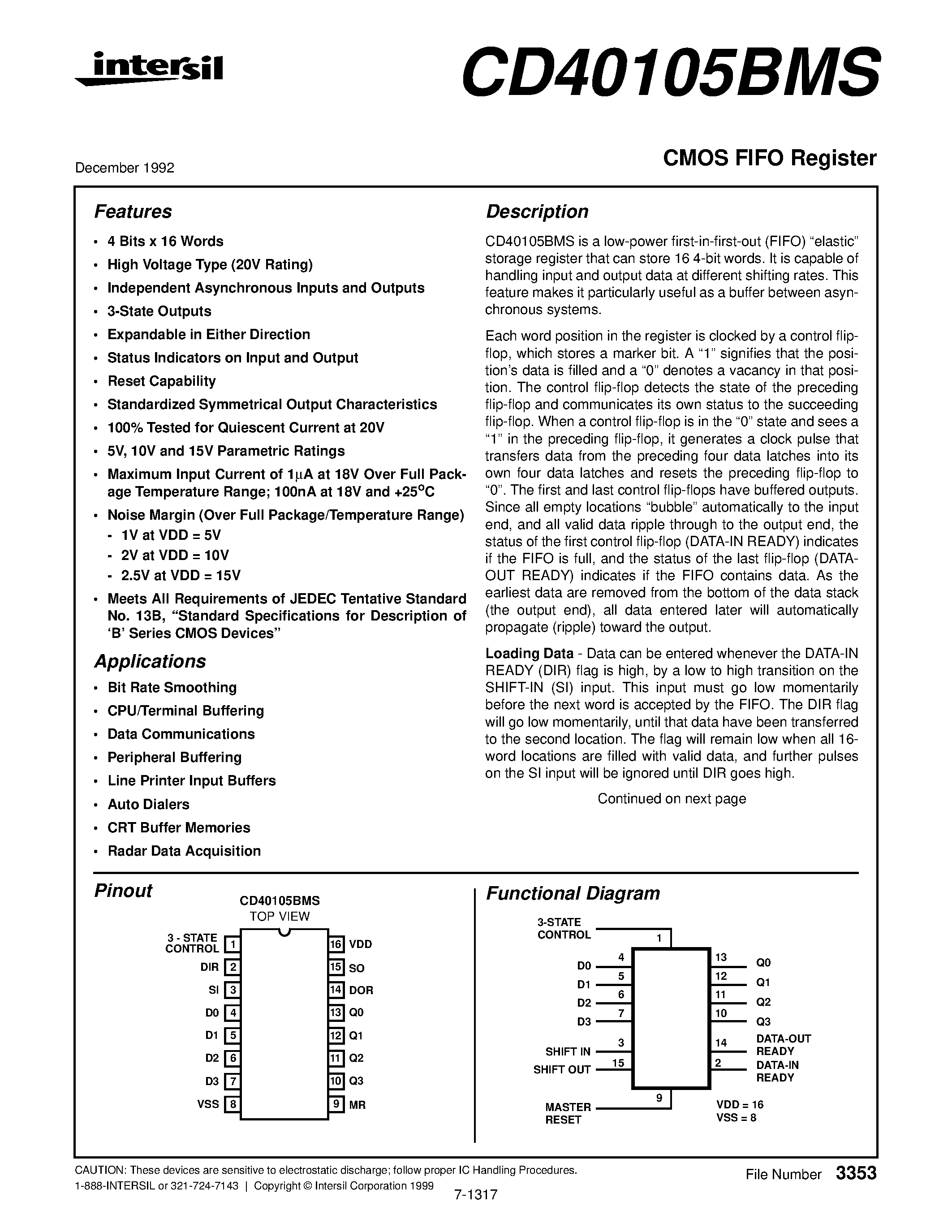 Datasheet CD40105 - CMOS FIFO Register page 1