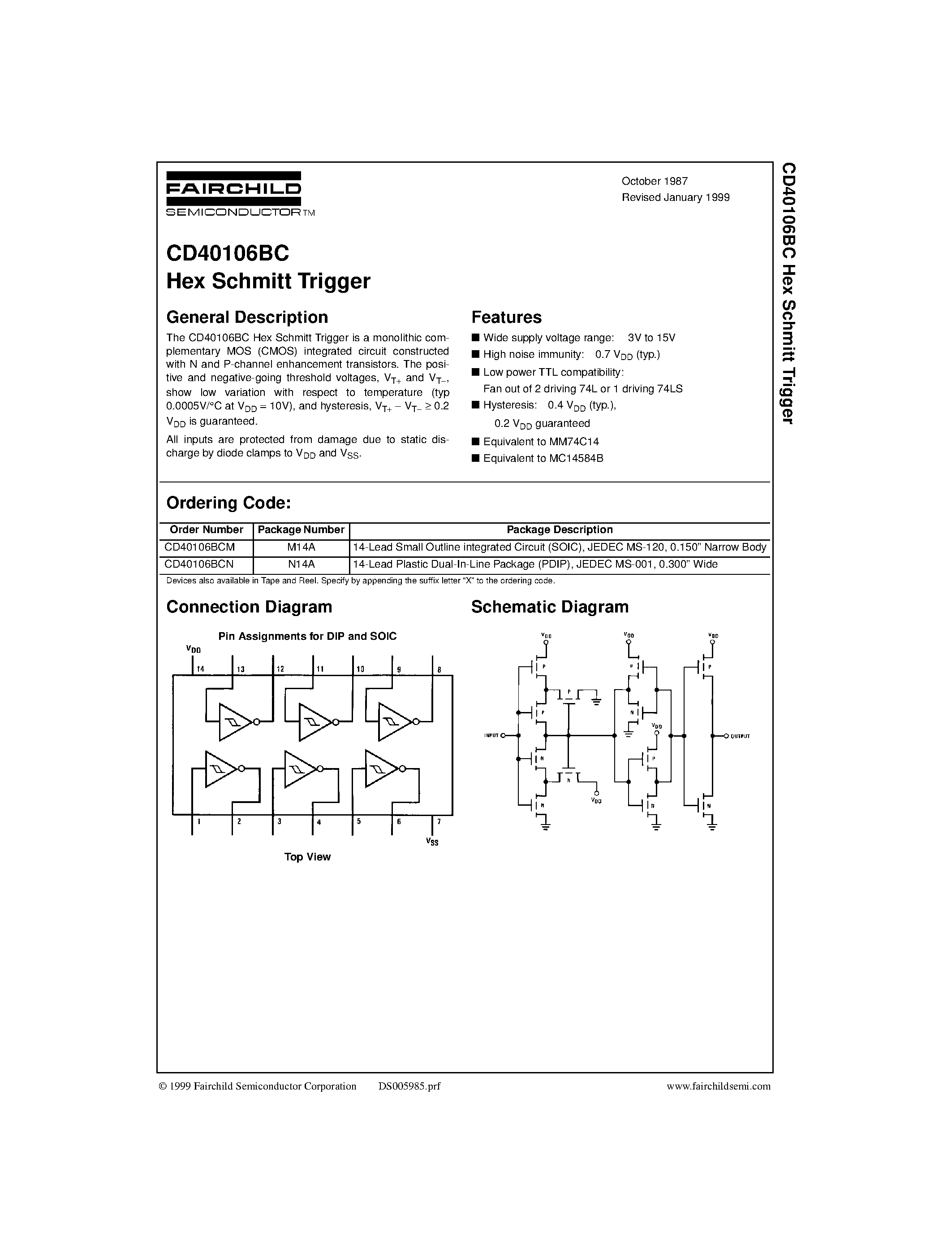 Datasheet CD40106BCN - Hex Schmitt Trigger page 1